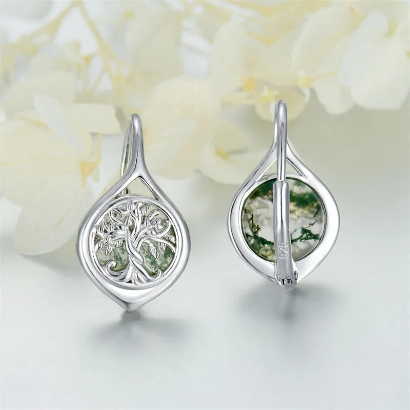 Moss Agate Crystal Tree Earring for Women Sterling Silver Dangle Drop Hoop Earrings for Women Teens Birthday Anniversary