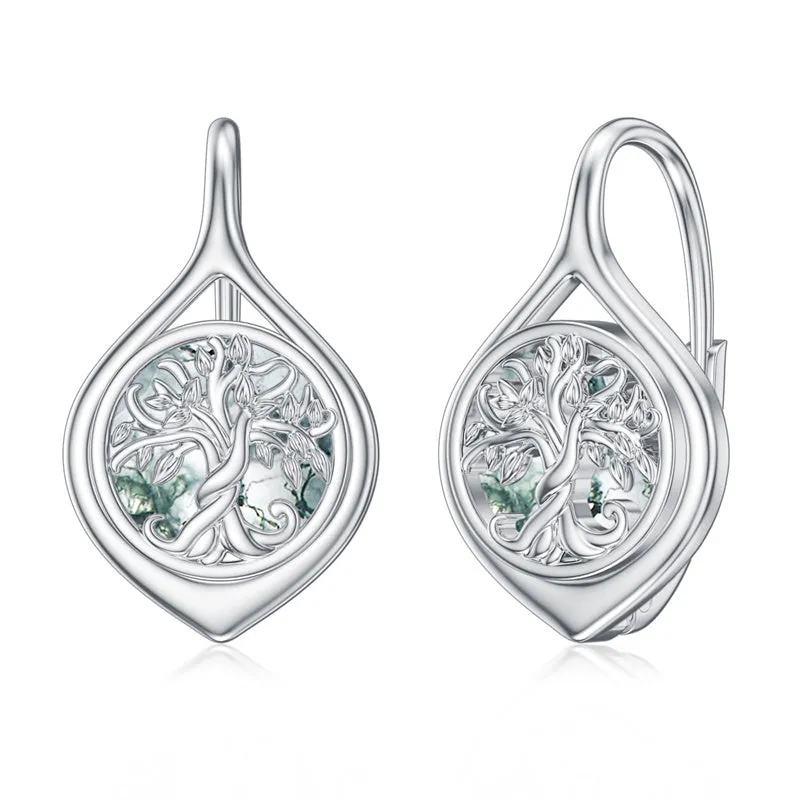 Moss Agate Crystal Tree Earring for Women Sterling Silver Dangle Drop Hoop Earrings for Women Teens Birthday Anniversary