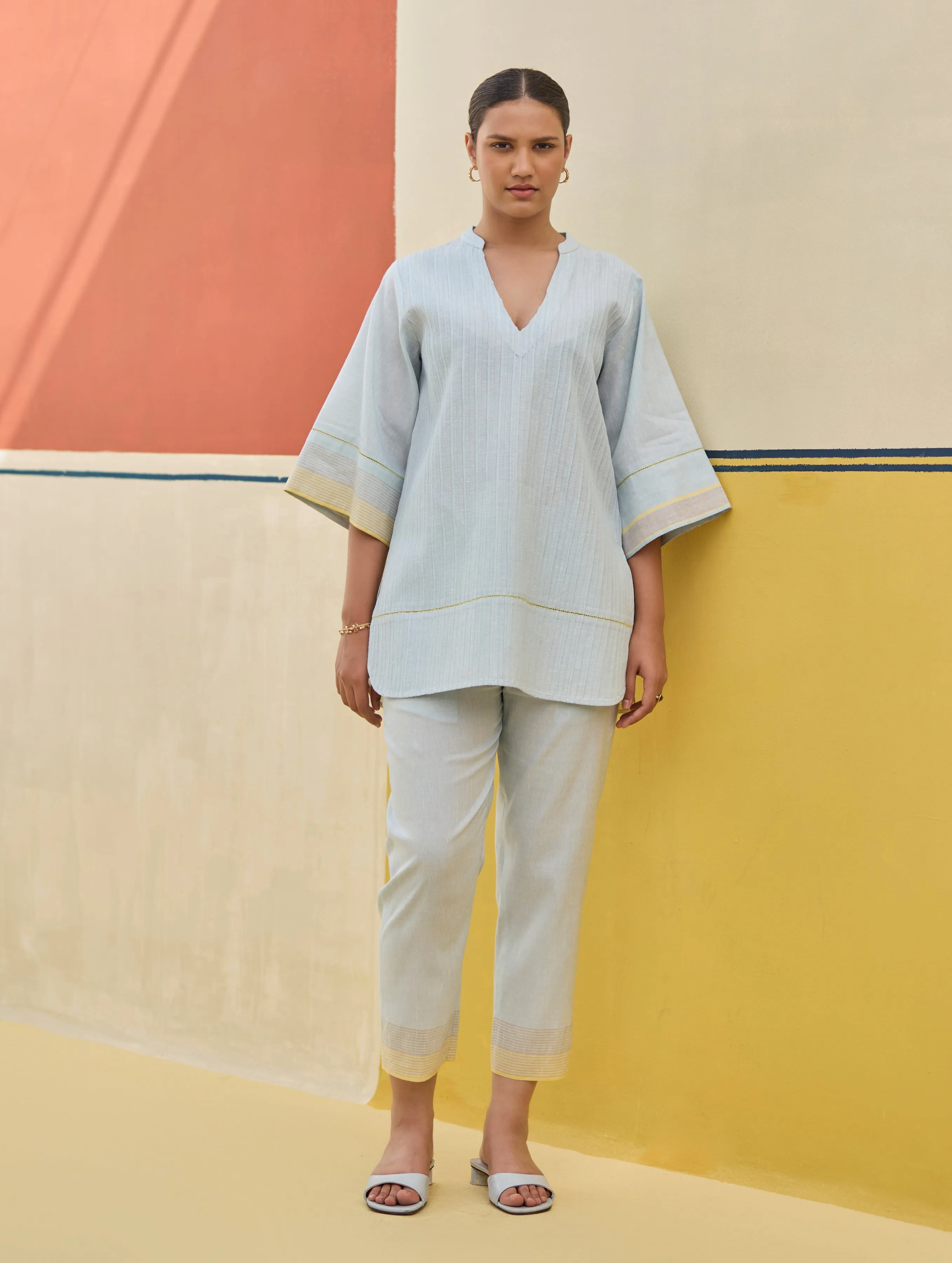 Neri Pintuck Border Linen Top - Sky