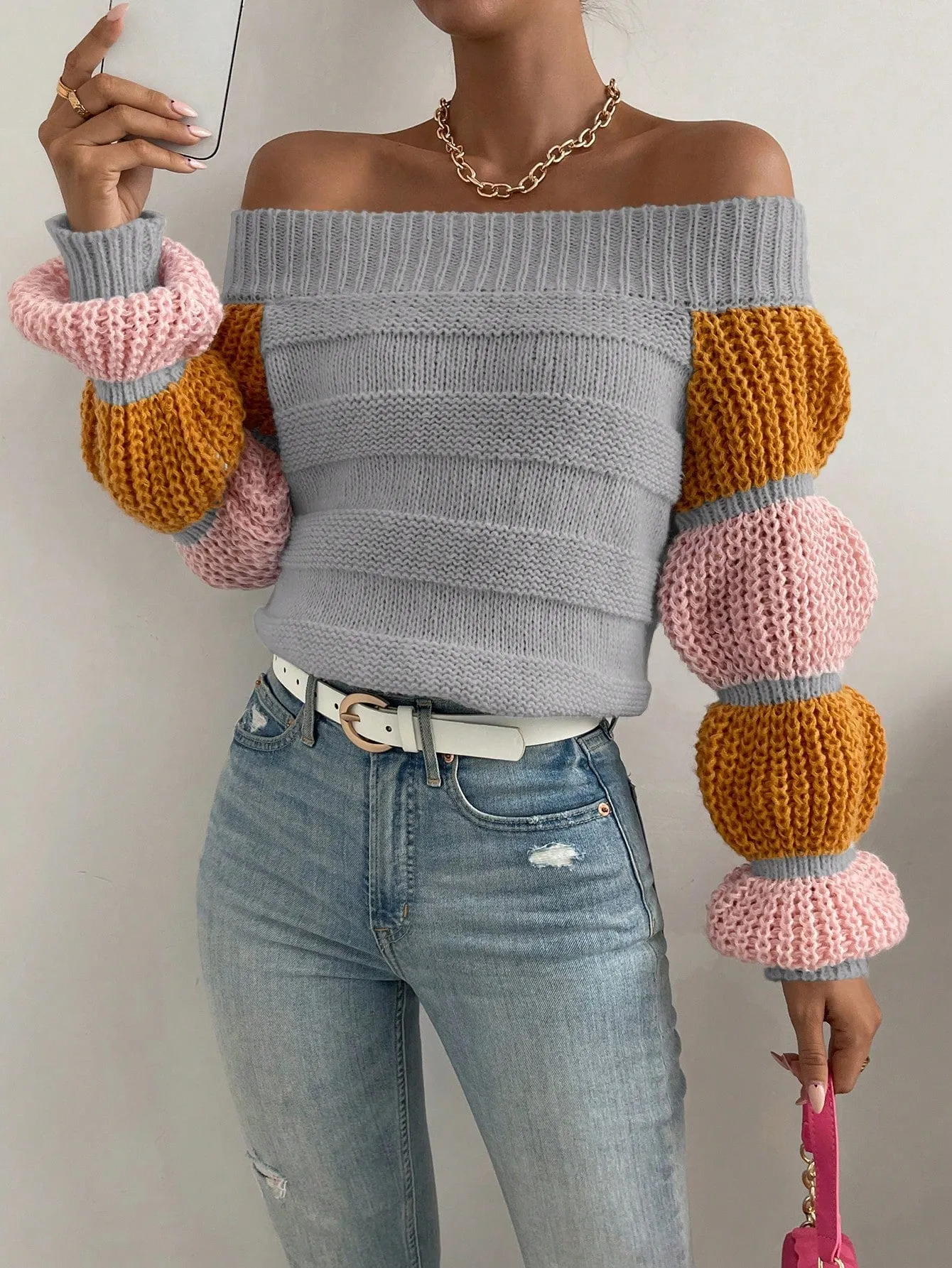 Off the Shoulder Lantern Sleeve Sweater