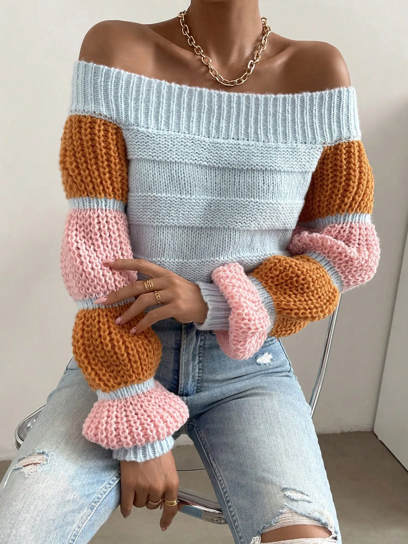 Off the Shoulder Lantern Sleeve Sweater