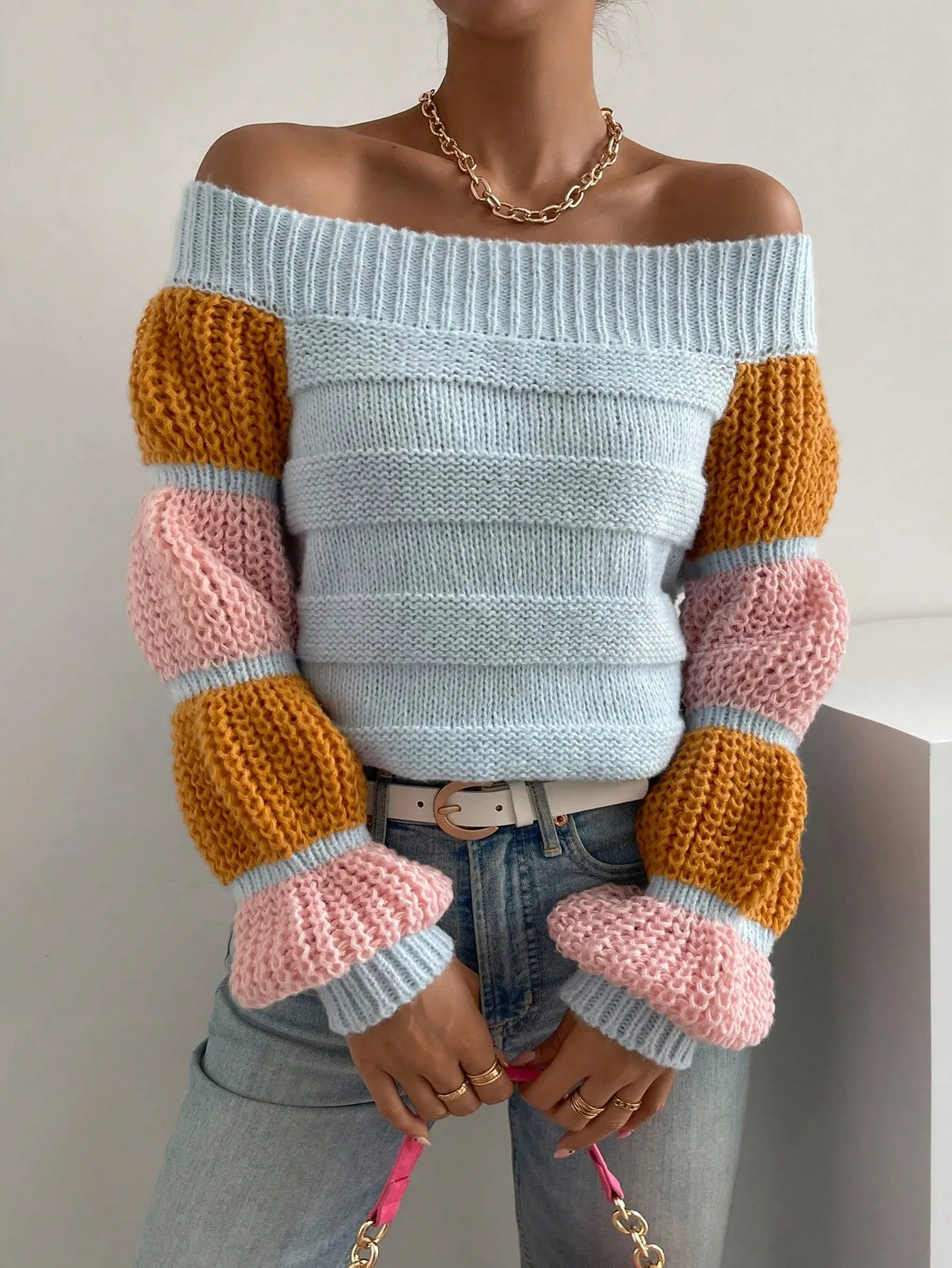 Off the Shoulder Lantern Sleeve Sweater