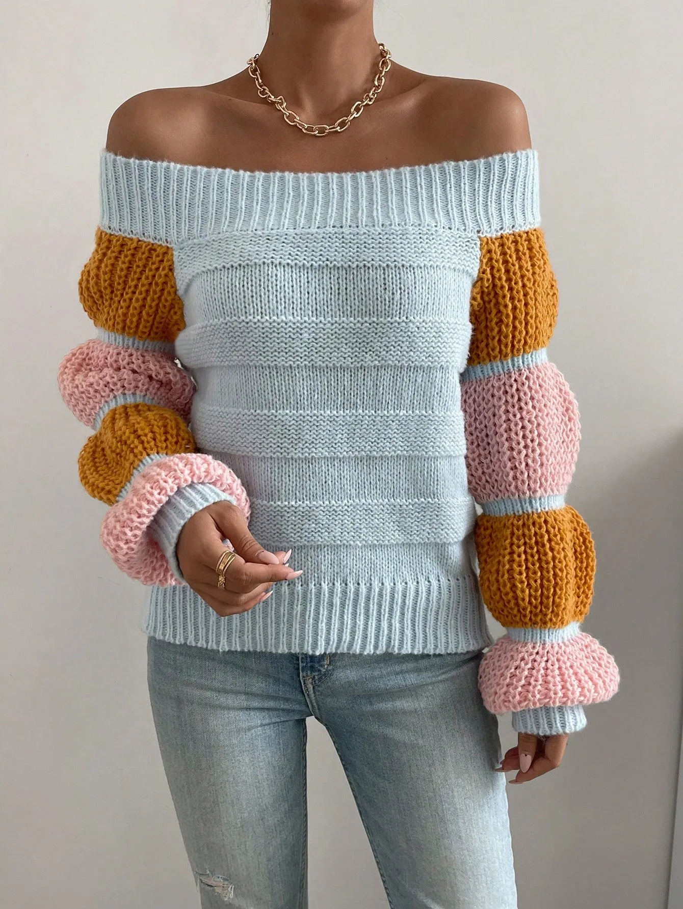 Off the Shoulder Lantern Sleeve Sweater