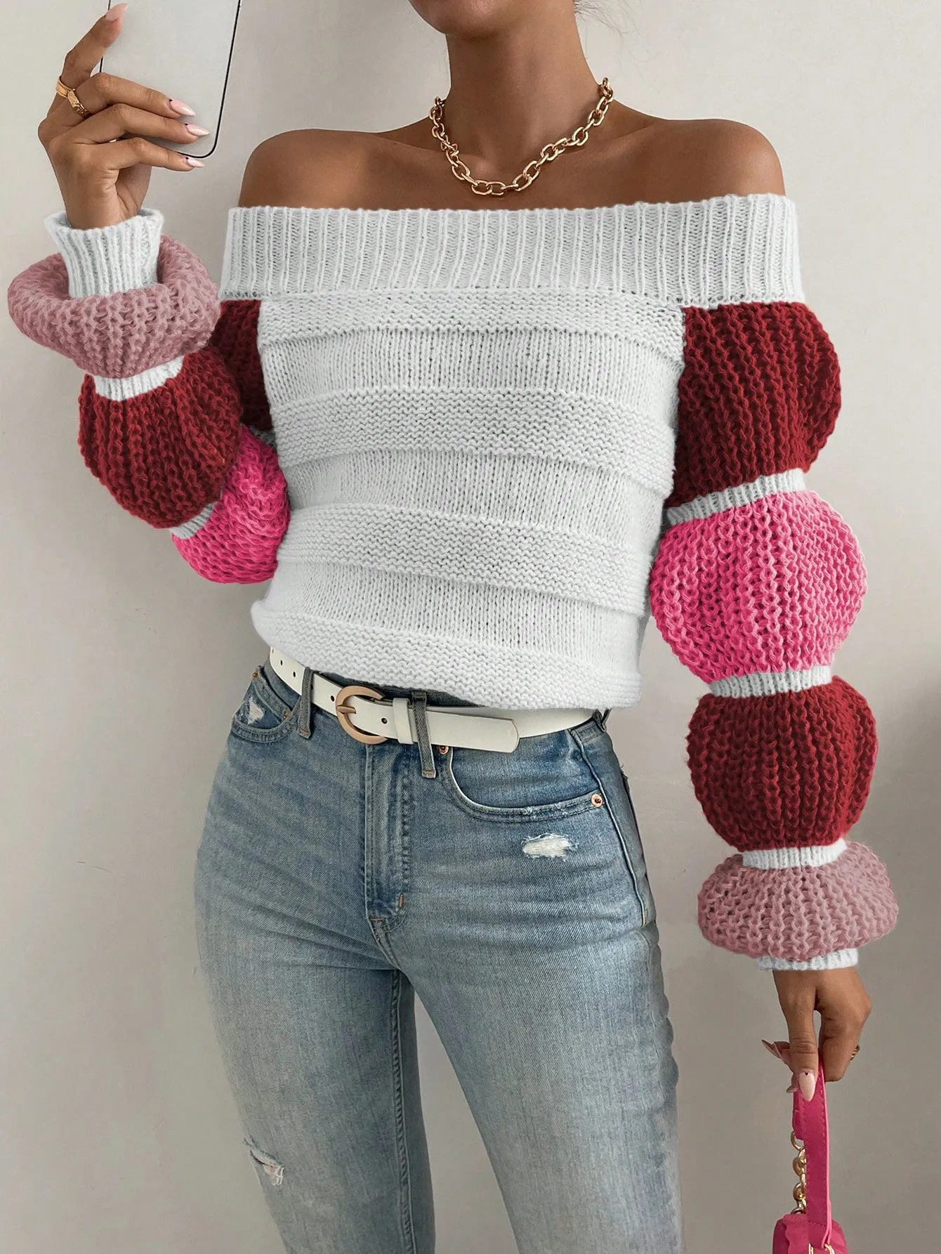 Off the Shoulder Lantern Sleeve Sweater