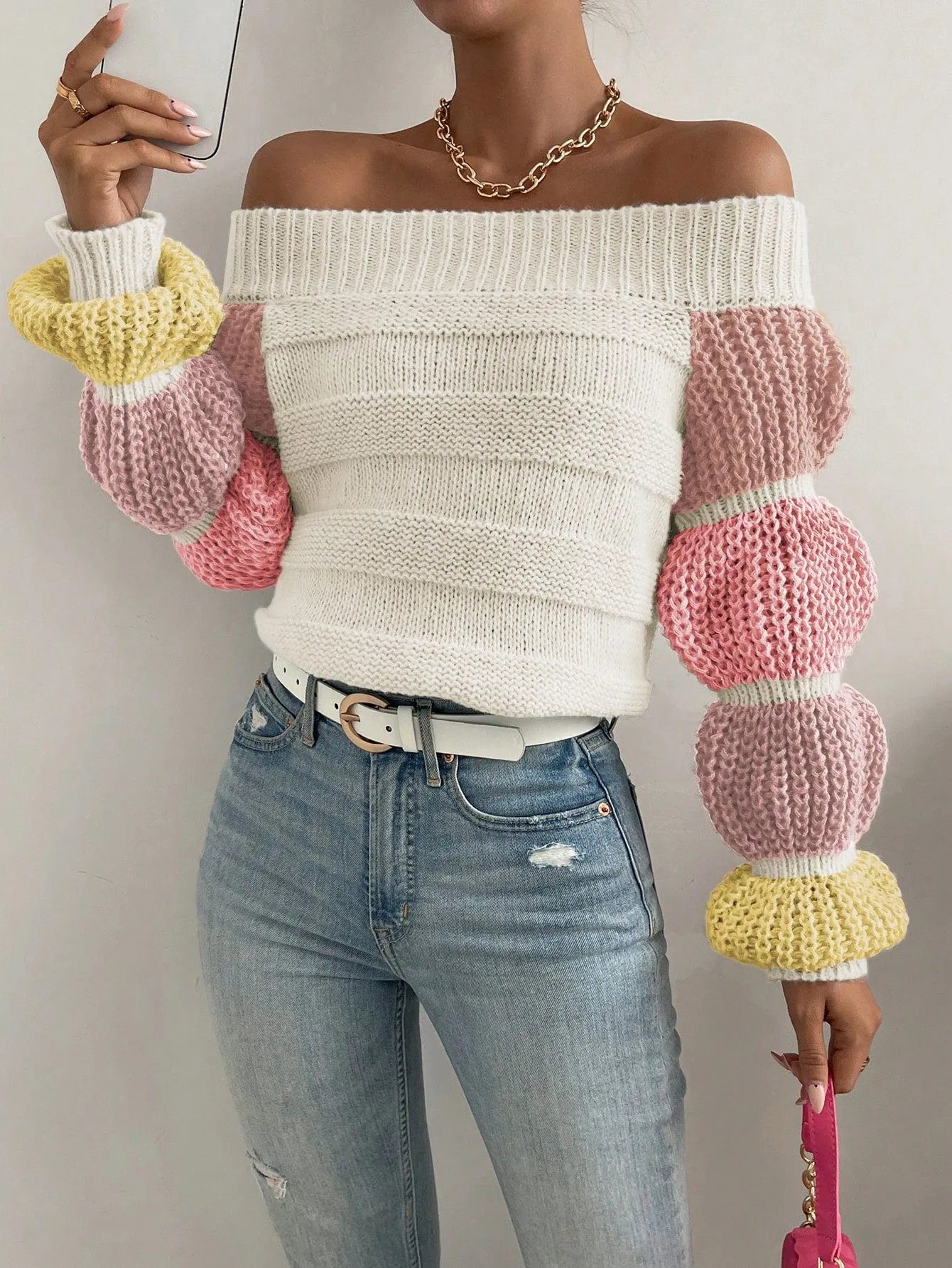 Off the Shoulder Lantern Sleeve Sweater