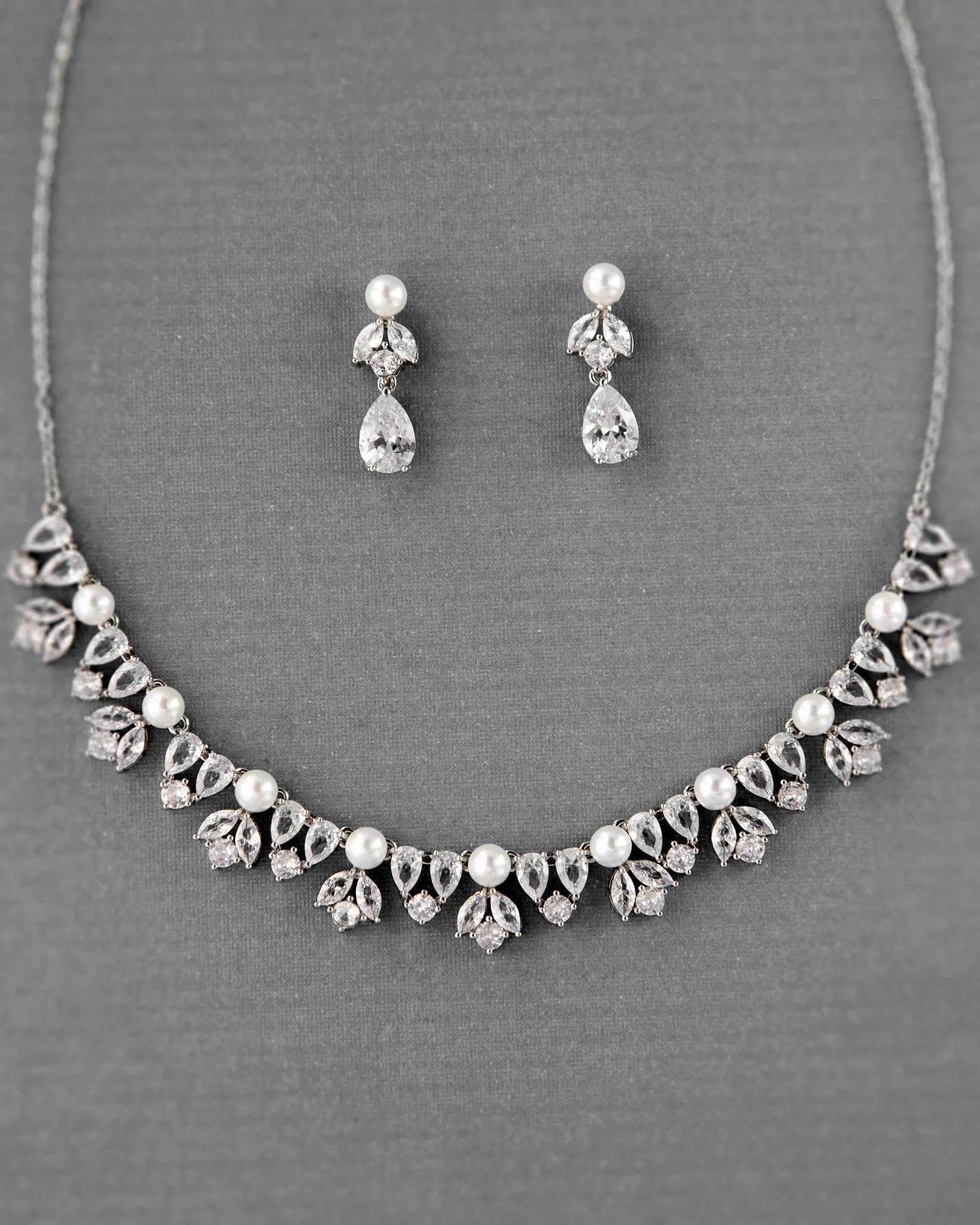 Pearl and CZ Wedding Necklace and Earrings