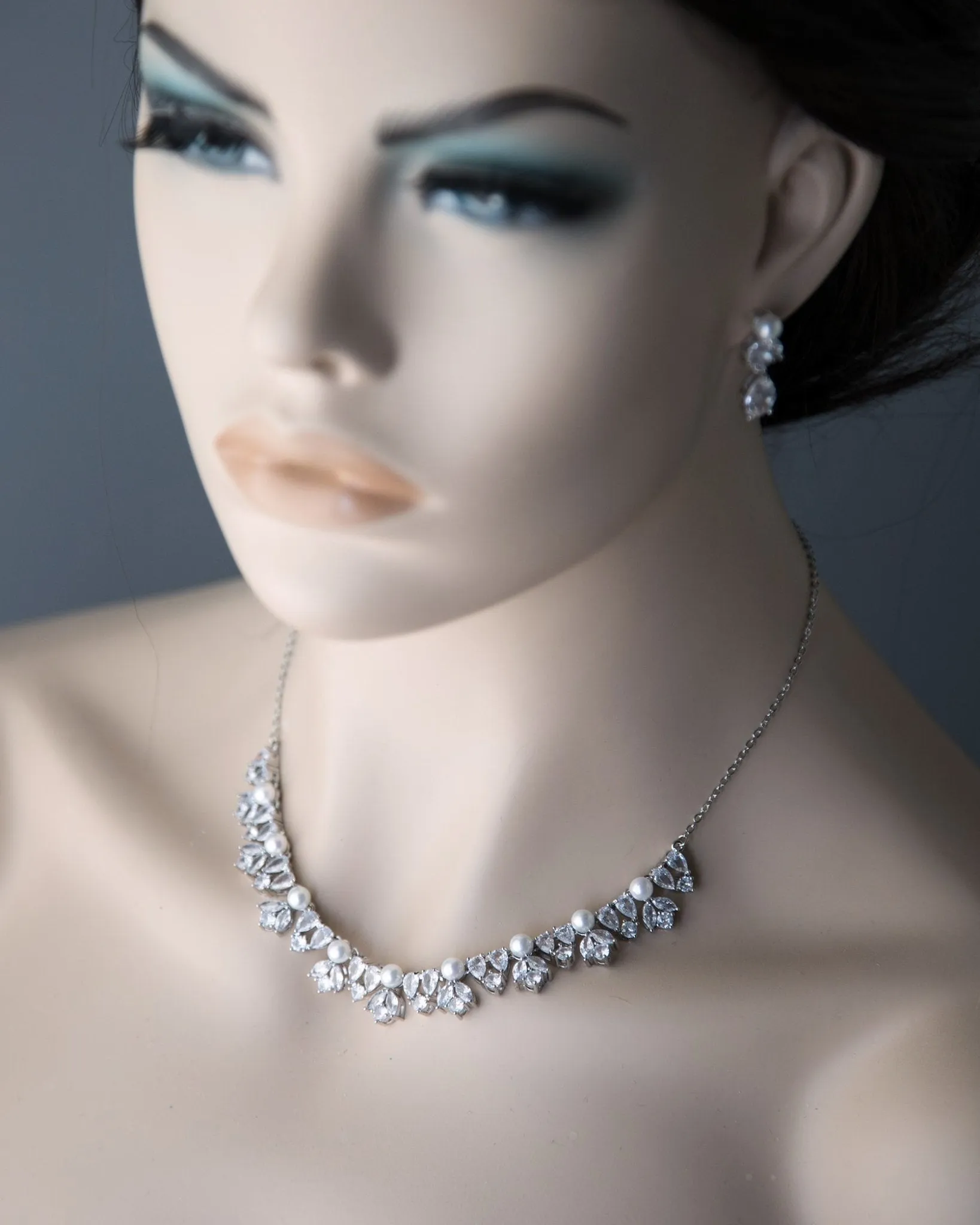 Pearl and CZ Wedding Necklace and Earrings