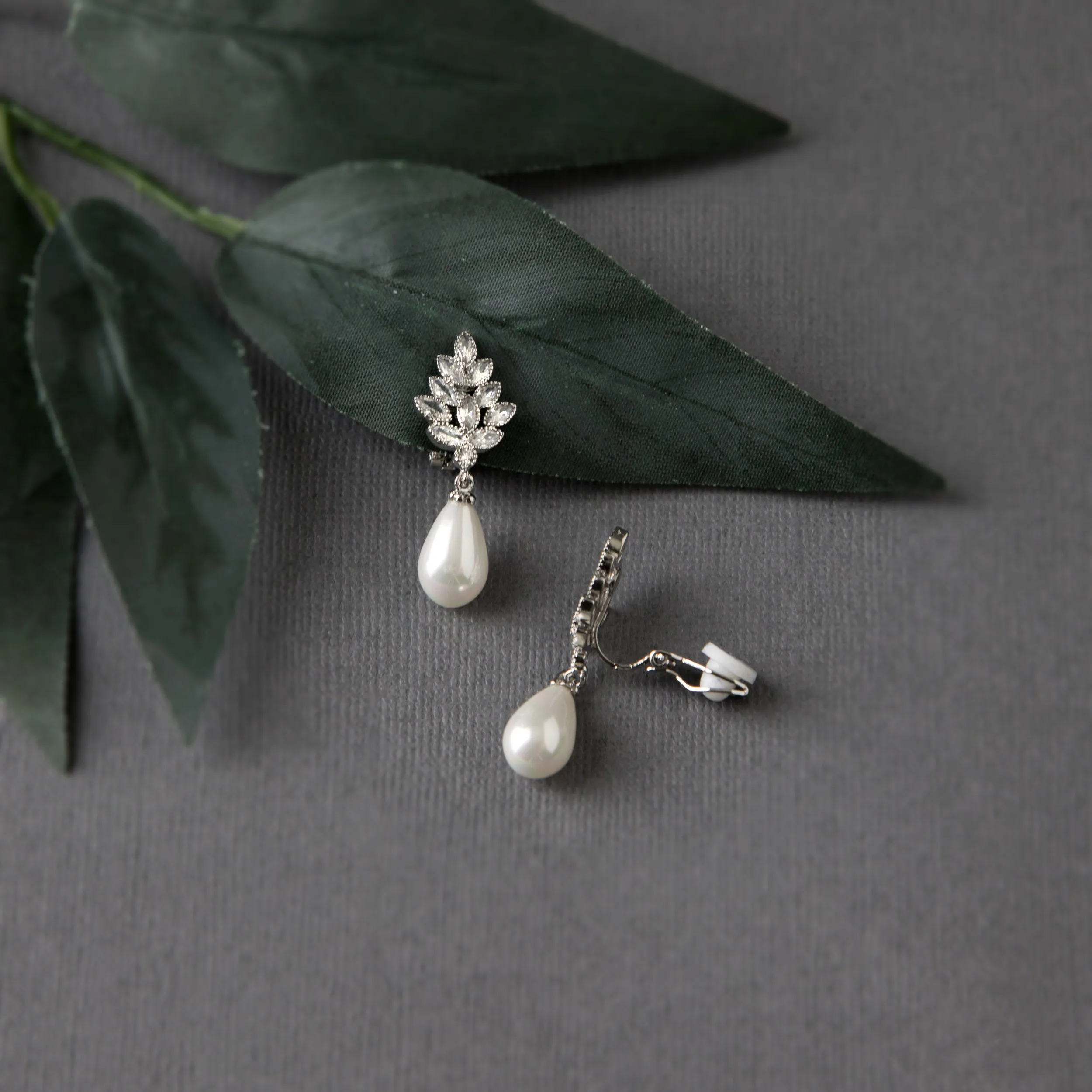 Pearl Drop CZ Clip-On Earrings