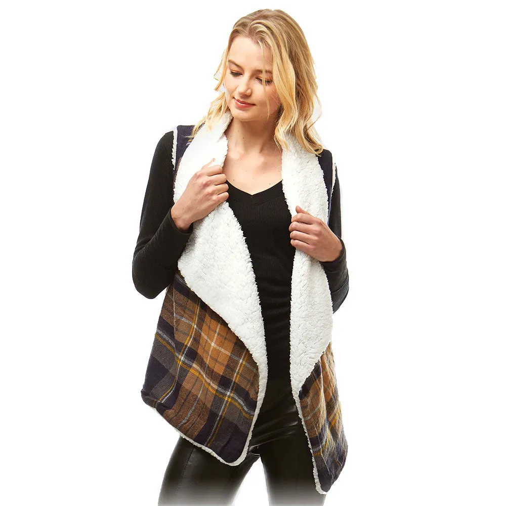 Plaid Faux Fur Lining and Pocket Vest