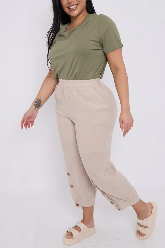 Plain Button Detail Hem Cotton Trousers