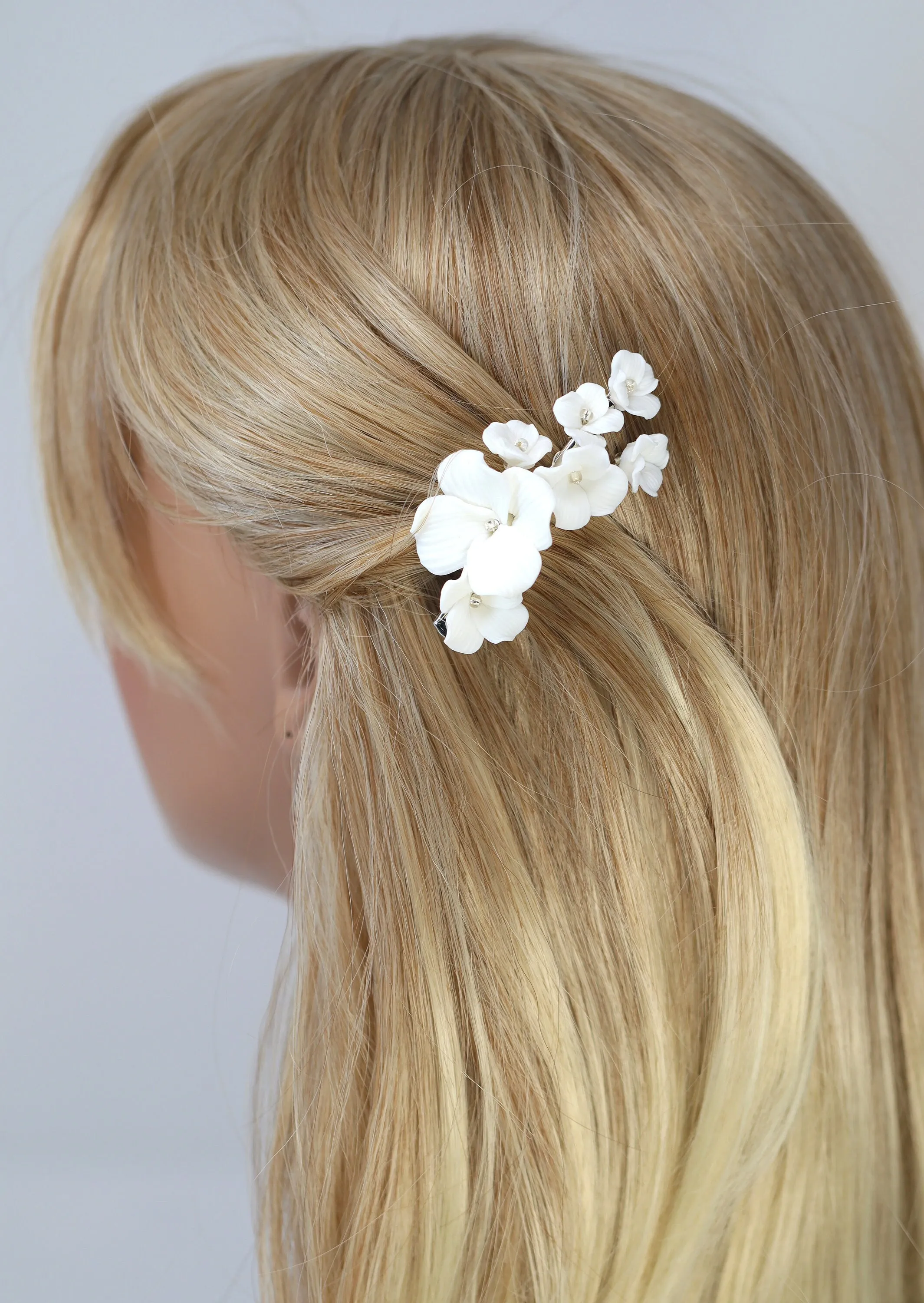 Porcelain White Floral Under Waterfall Blossom Bridal Hair Clip , Bridal Hair Accessories, Bridesmaid Gift, Wedding Accessory.