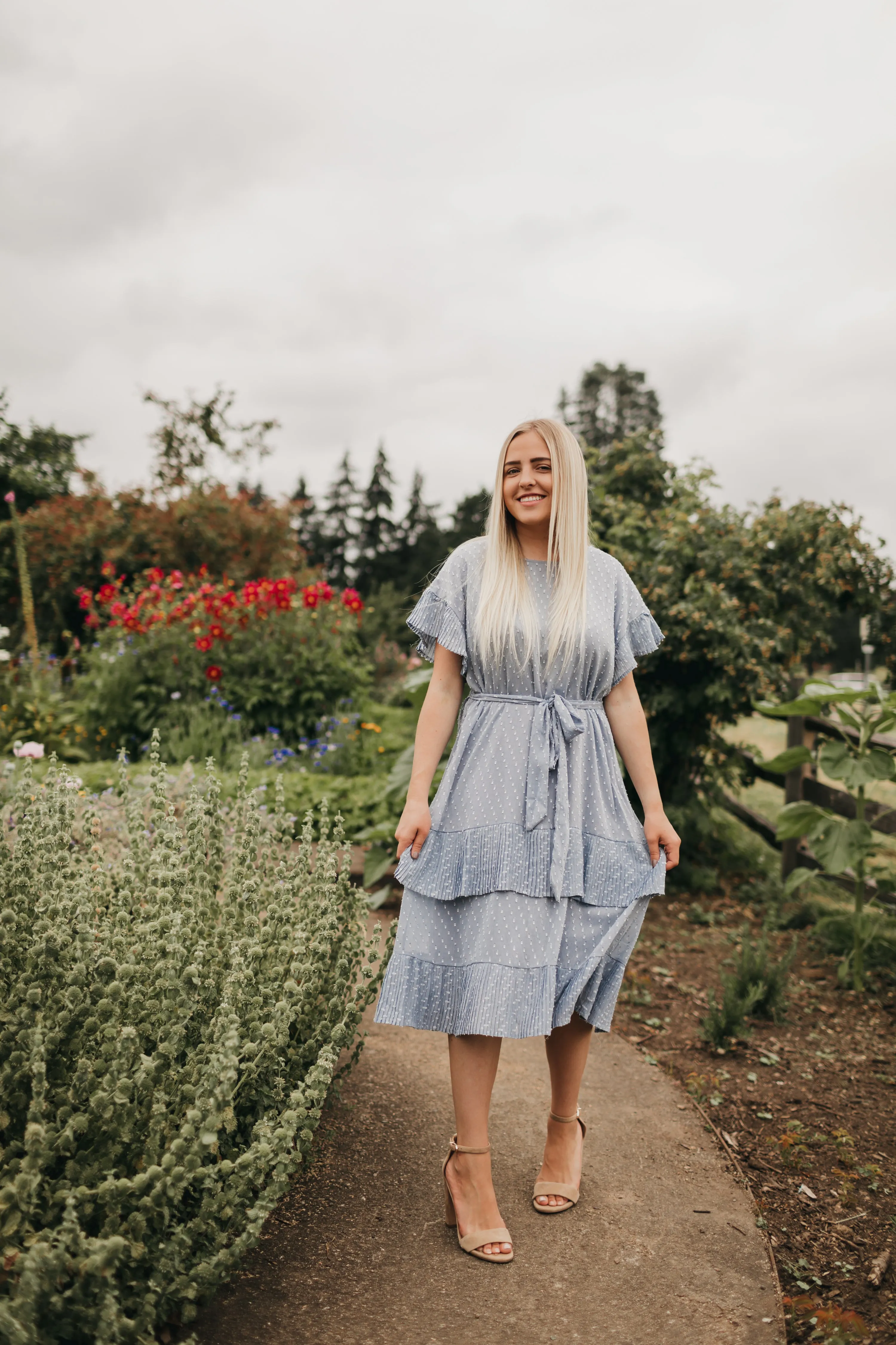 Quinn Pleated Dot Dress in Sky Blue