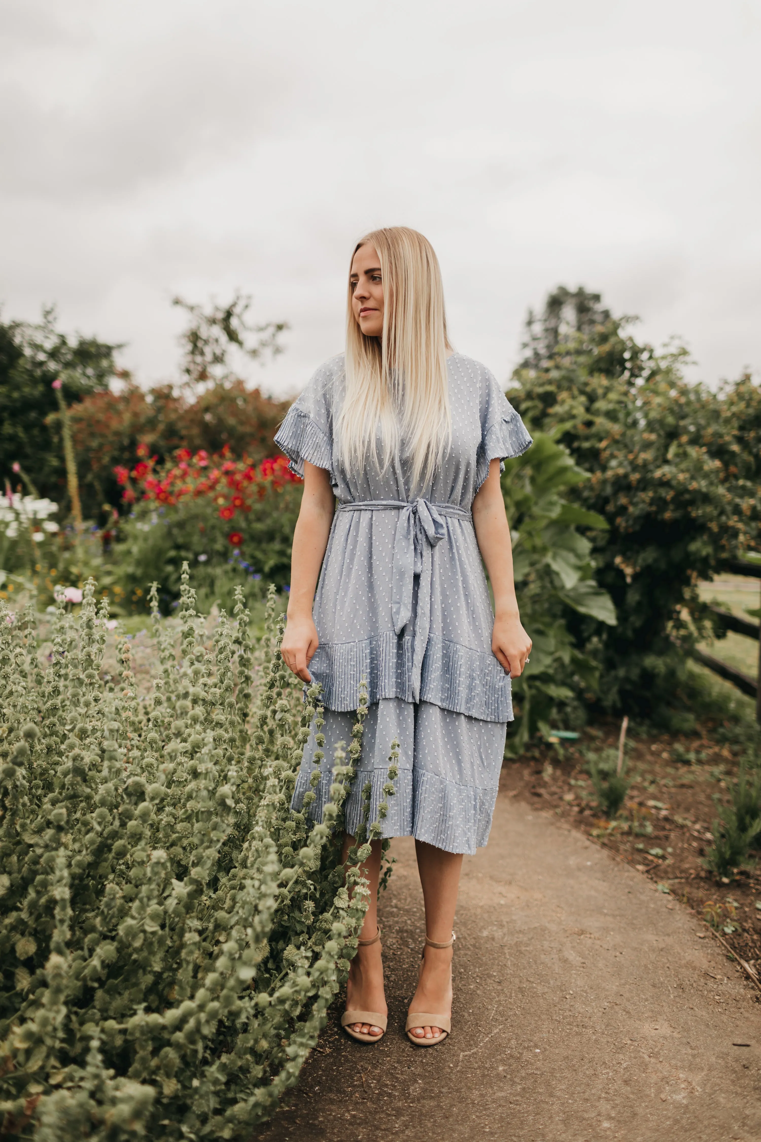 Quinn Pleated Dot Dress in Sky Blue