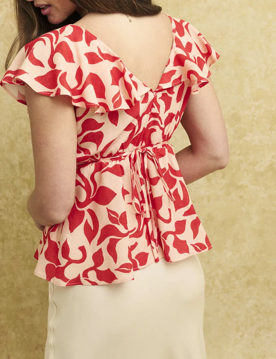 Red Petal Print Flutter Sleeve Top