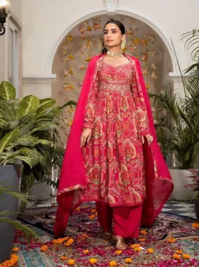 Red Printed Embroidered Flared Anarkali Suit Set