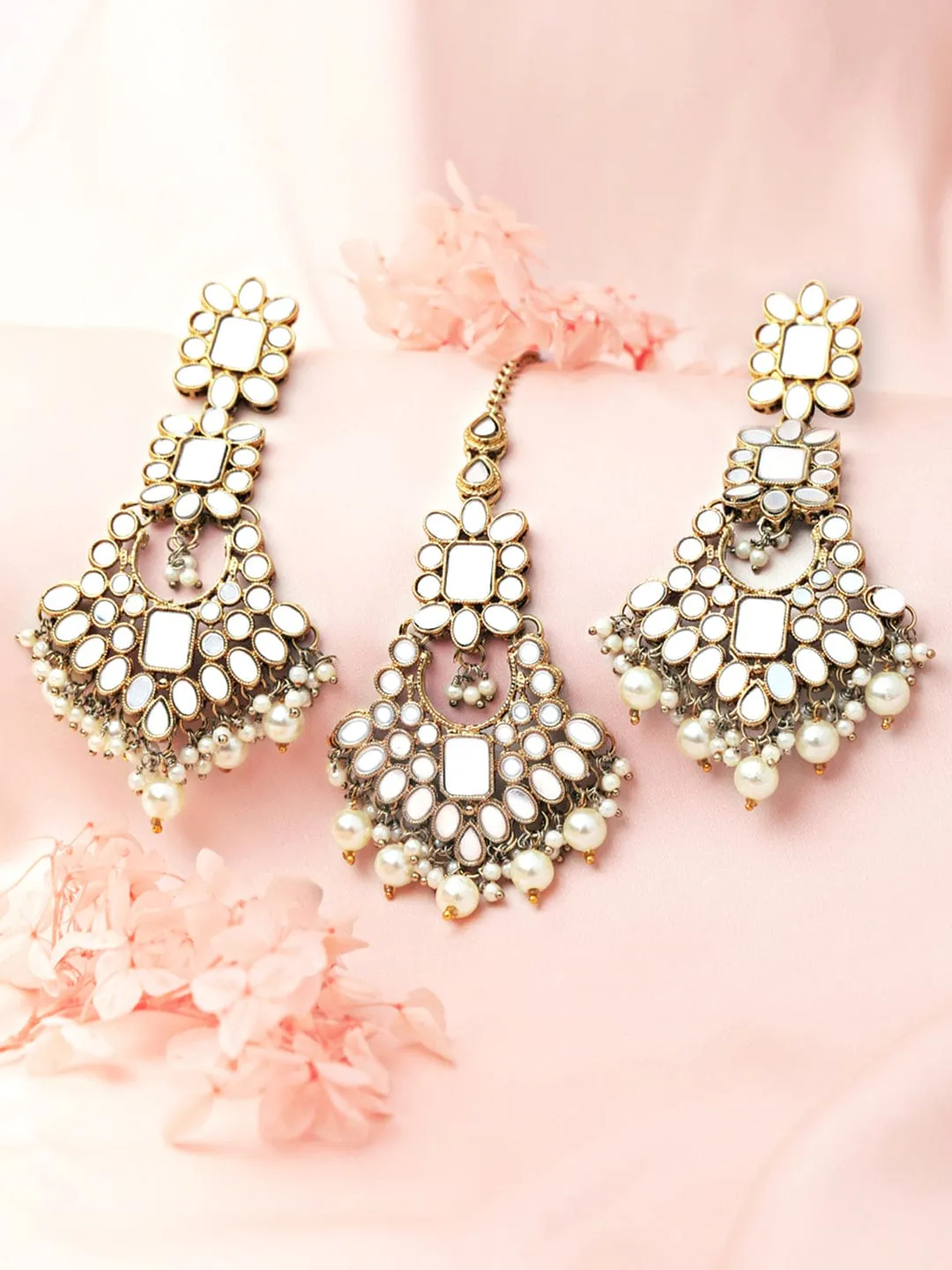 Rubans Gold Plated Handcrafted Mirror Earrings & Maang Tikka Set