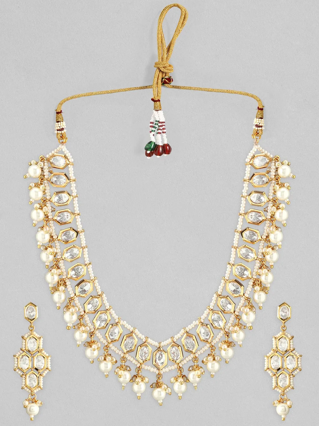 Rubans Gold Plated Kundan Necklace Set With White Beads And Pearls