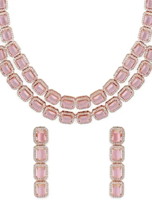 Rubans Rose Gold Pink Gemstone Studded Elegant Necklace Set