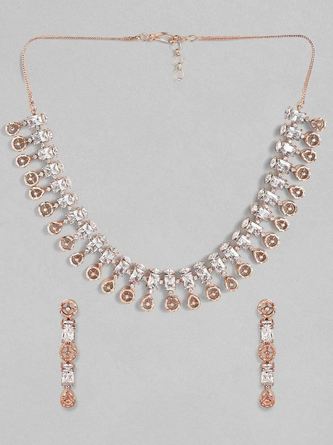 Rubans Zircon Studded Handcrafted Rose Gold Plated Statement Necklace Set