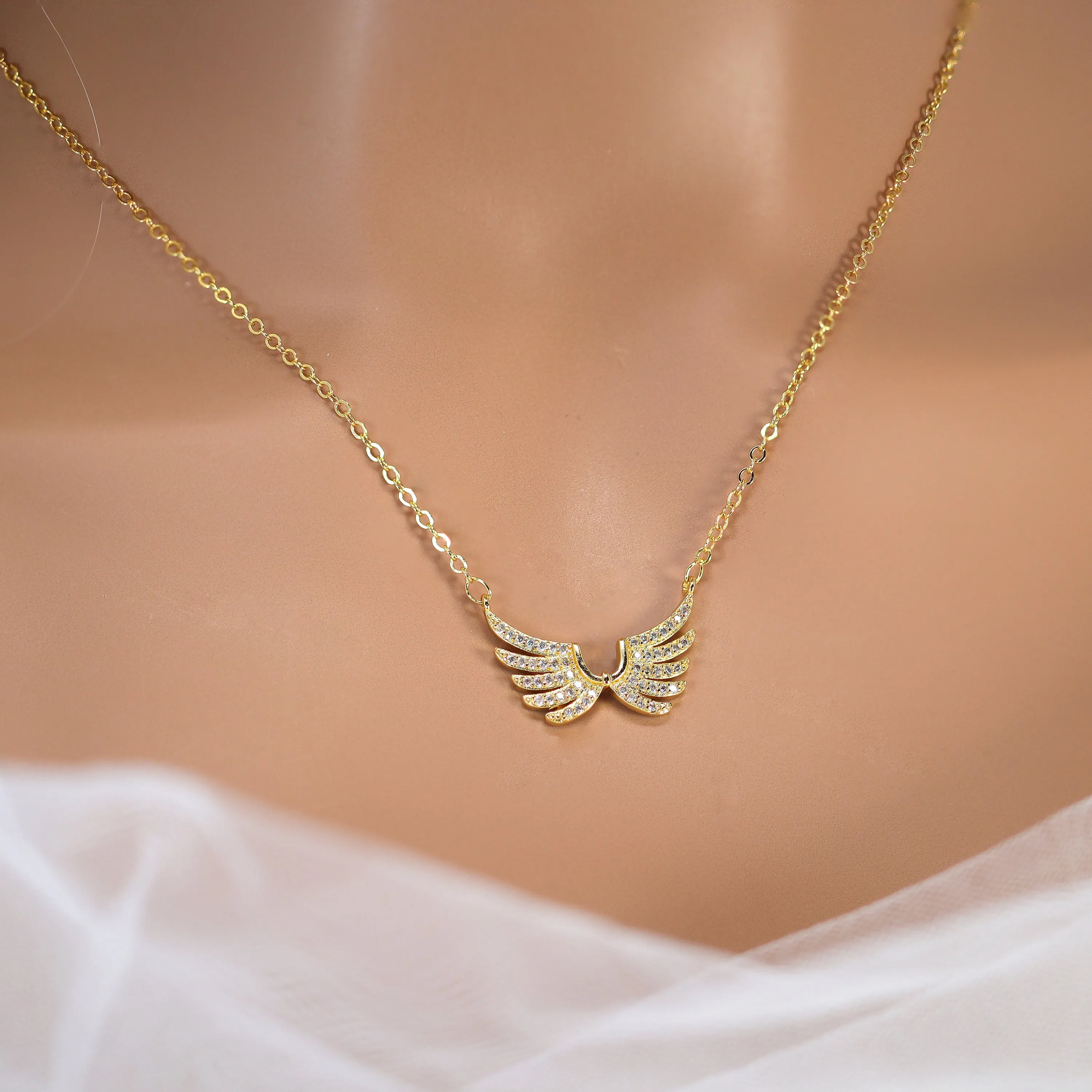 Shimmering Gold Angel Wings Charm Necklace, Bride to be, Valentine's Day Gift For Her, Galentine's Day,  Statement Necklace Cz