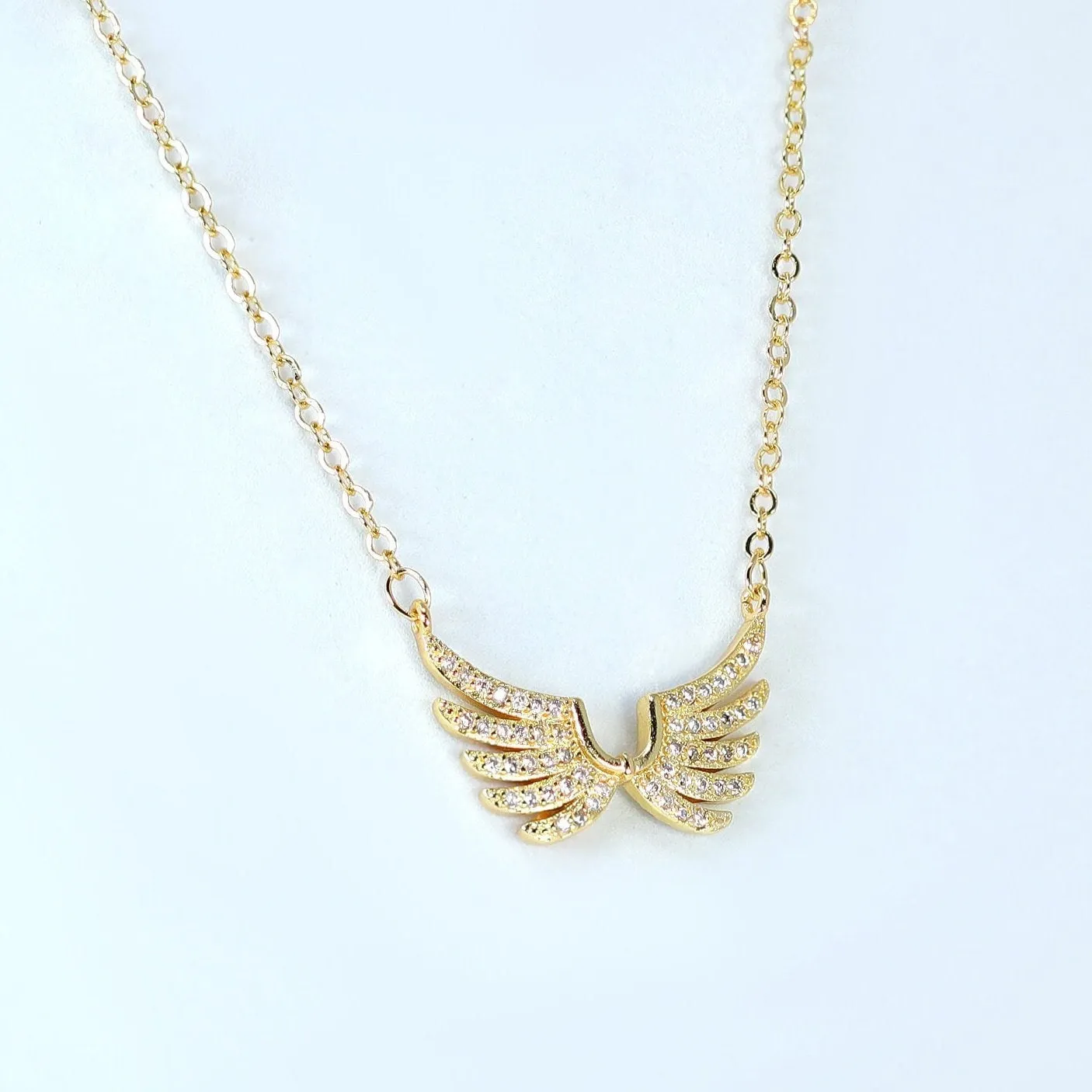 Shimmering Gold Angel Wings Charm Necklace, Bride to be, Valentine's Day Gift For Her, Galentine's Day,  Statement Necklace Cz