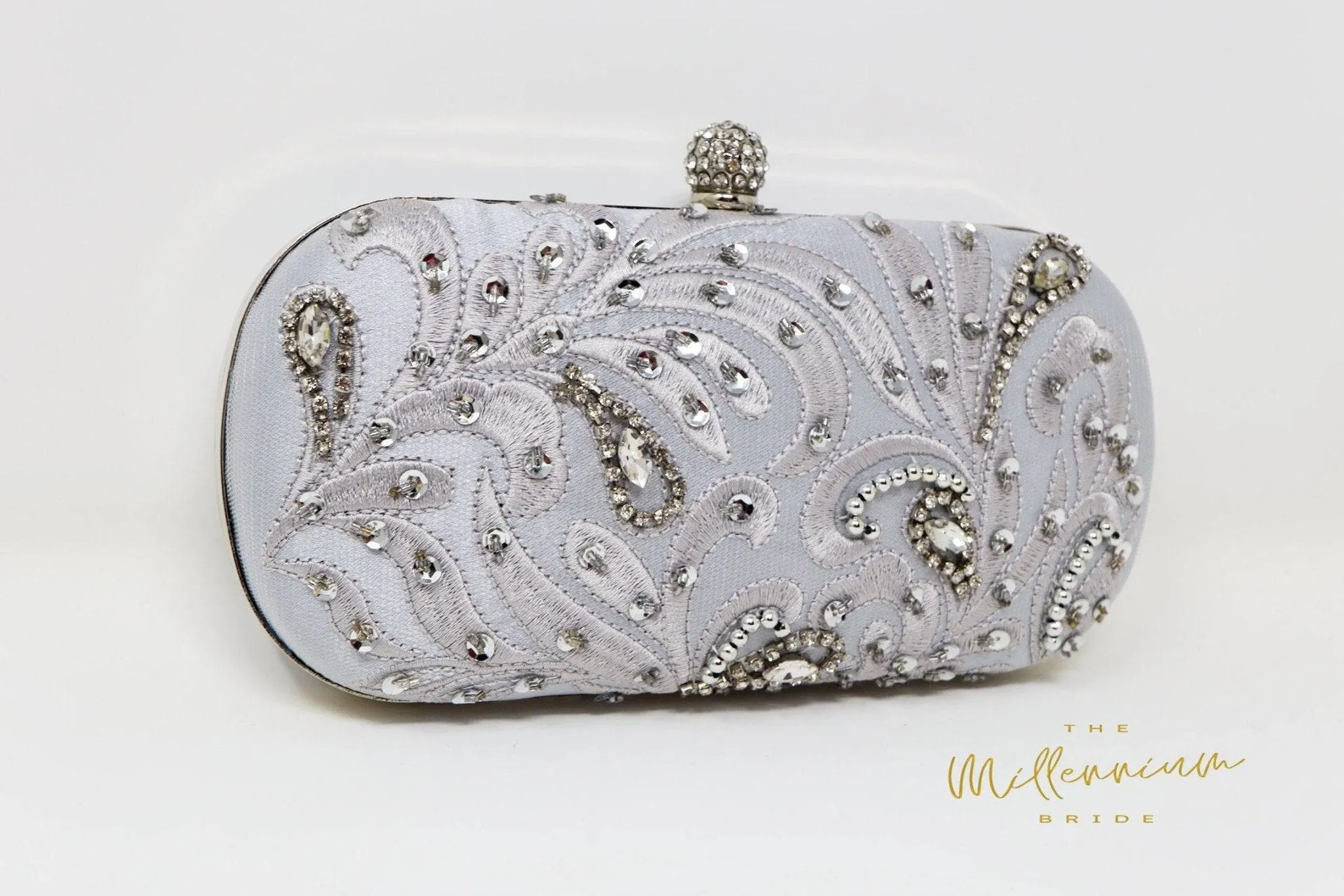 Silver Crystal Leaves and Beads Embroidered Wedding Clutch, Statement Bag, Evening Clutch, Wedding Clutch, Bridal Bag, White Cross Body Bag