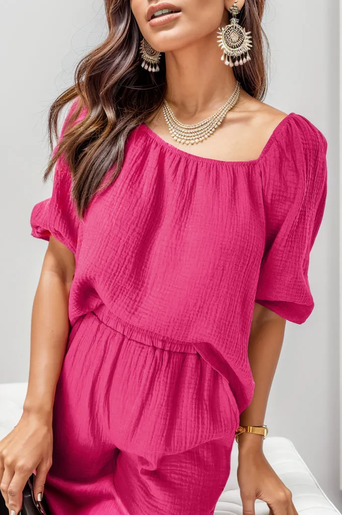 Square Neck Top and Shorts Set - Hot Pink