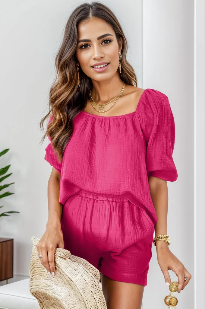 Square Neck Top and Shorts Set - Hot Pink