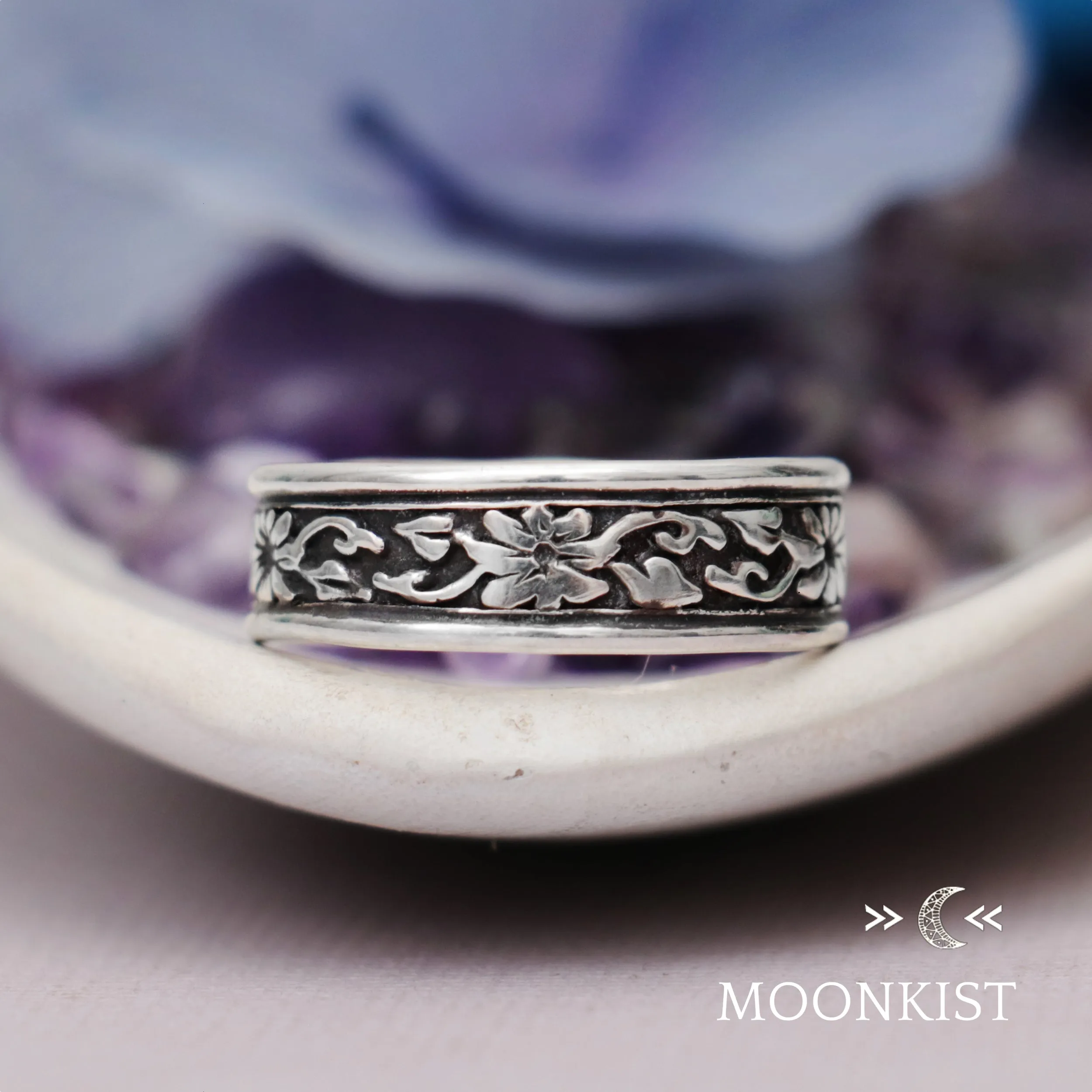 Sterling Silver Morning Glory Flower Wide Wedding Band | Moonkist Designs