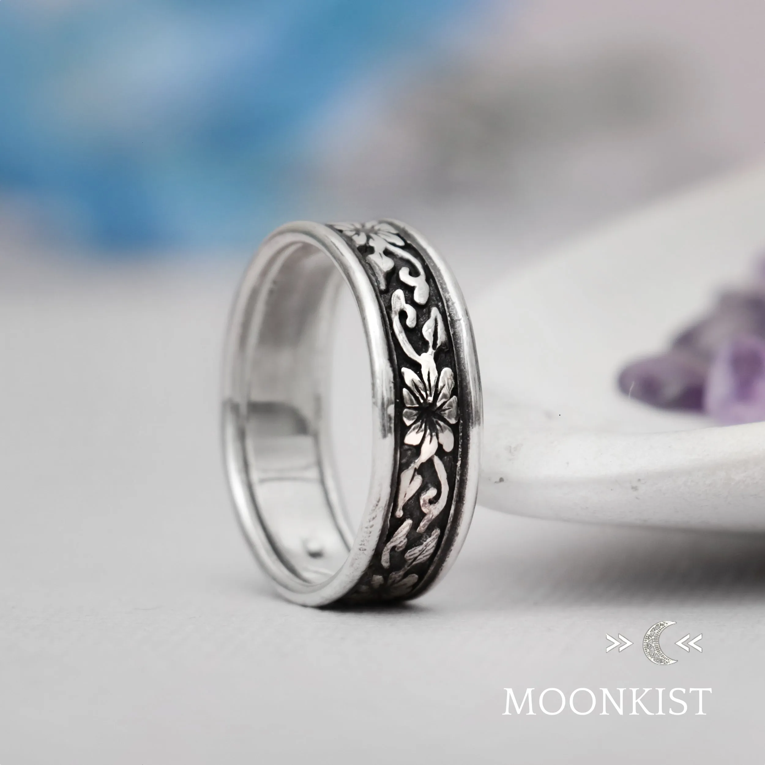 Sterling Silver Morning Glory Flower Wide Wedding Band | Moonkist Designs