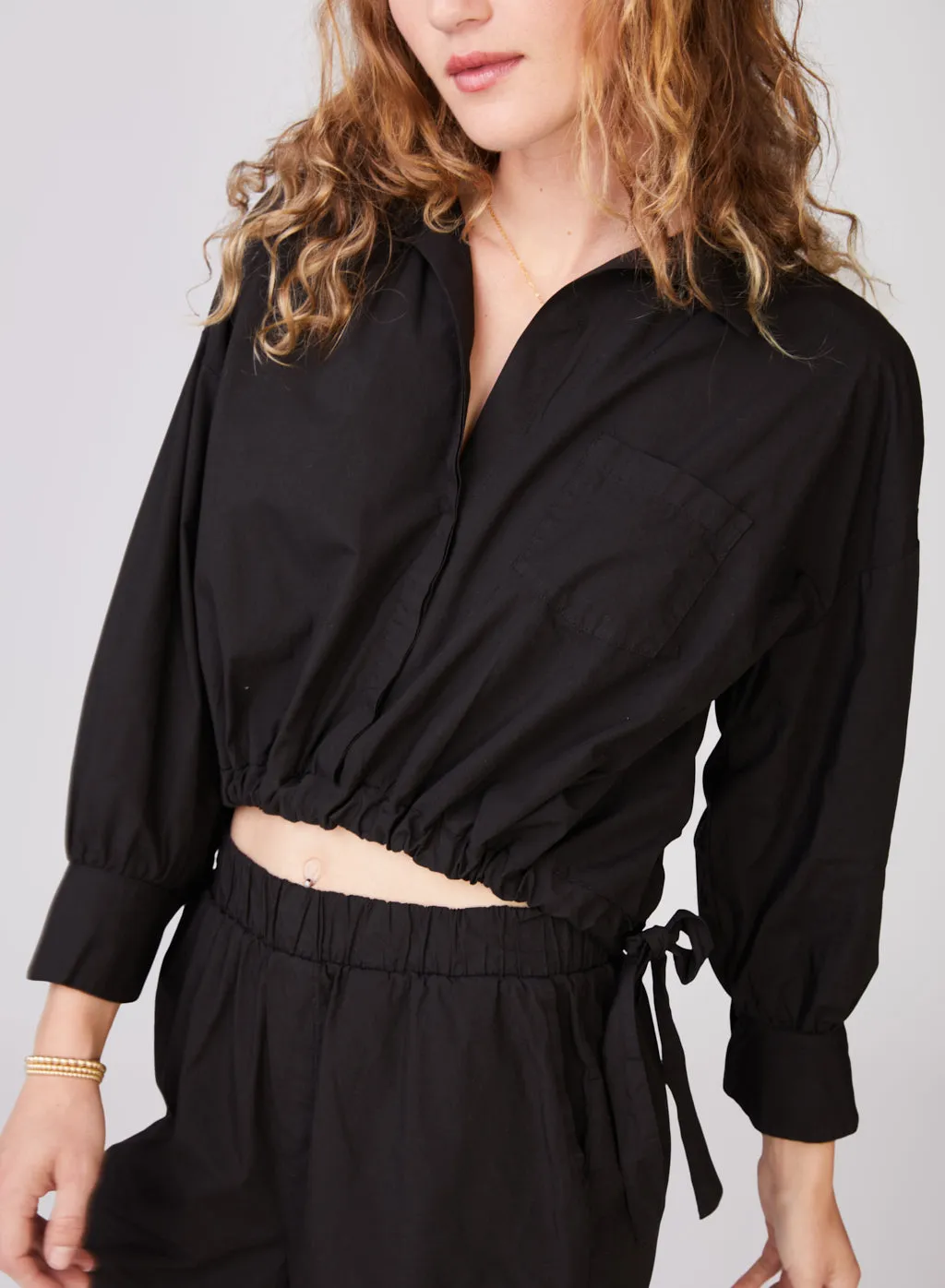 Structured Poplin Tie Hem Shirt in Black