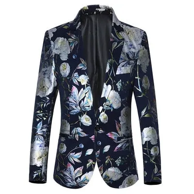 Style Slim Fit Men's Suit Men's Floral Blazer Jacket Navy Black White Printed Homens Blazers Prom Wear