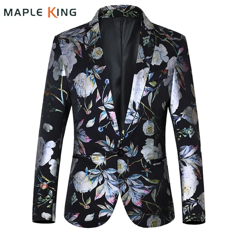 Style Slim Fit Men's Suit Men's Floral Blazer Jacket Navy Black White Printed Homens Blazers Prom Wear