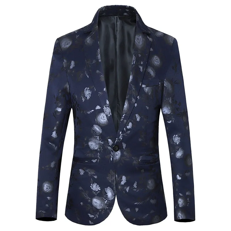 Style Slim Fit Men's Suit Men's Floral Blazer Jacket Navy Black White Printed Homens Blazers Prom Wear