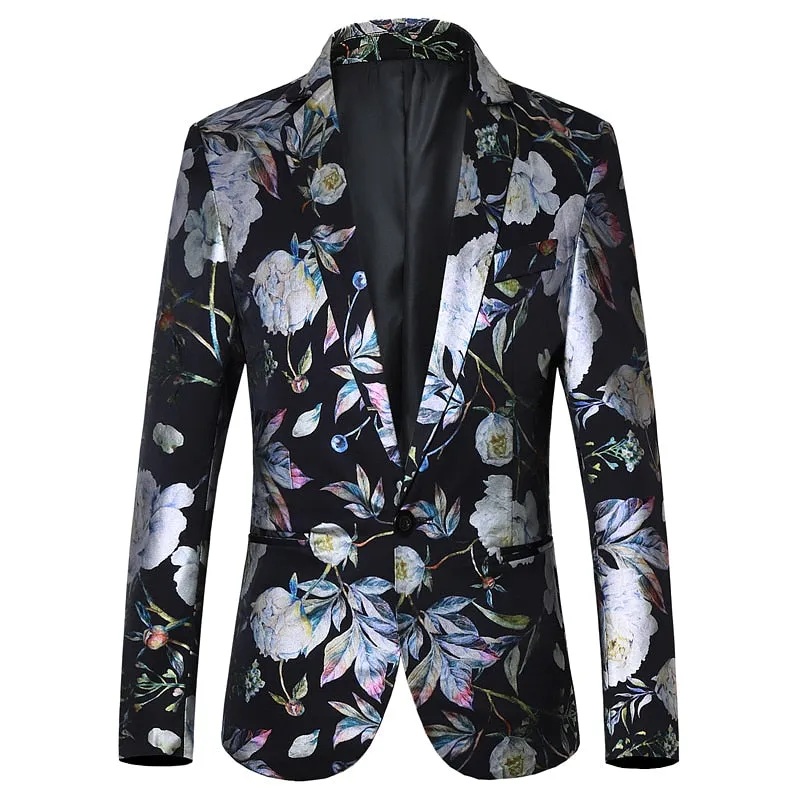 Style Slim Fit Men's Suit Men's Floral Blazer Jacket Navy Black White Printed Homens Blazers Prom Wear