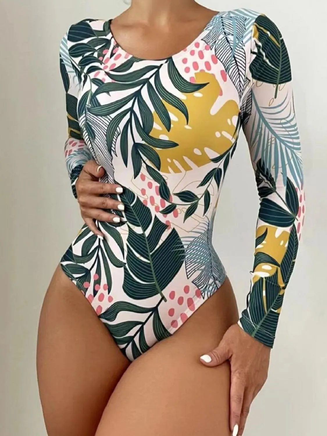 Sunset Vacation  Crisscross Round Neck Long Sleeve Swimwear