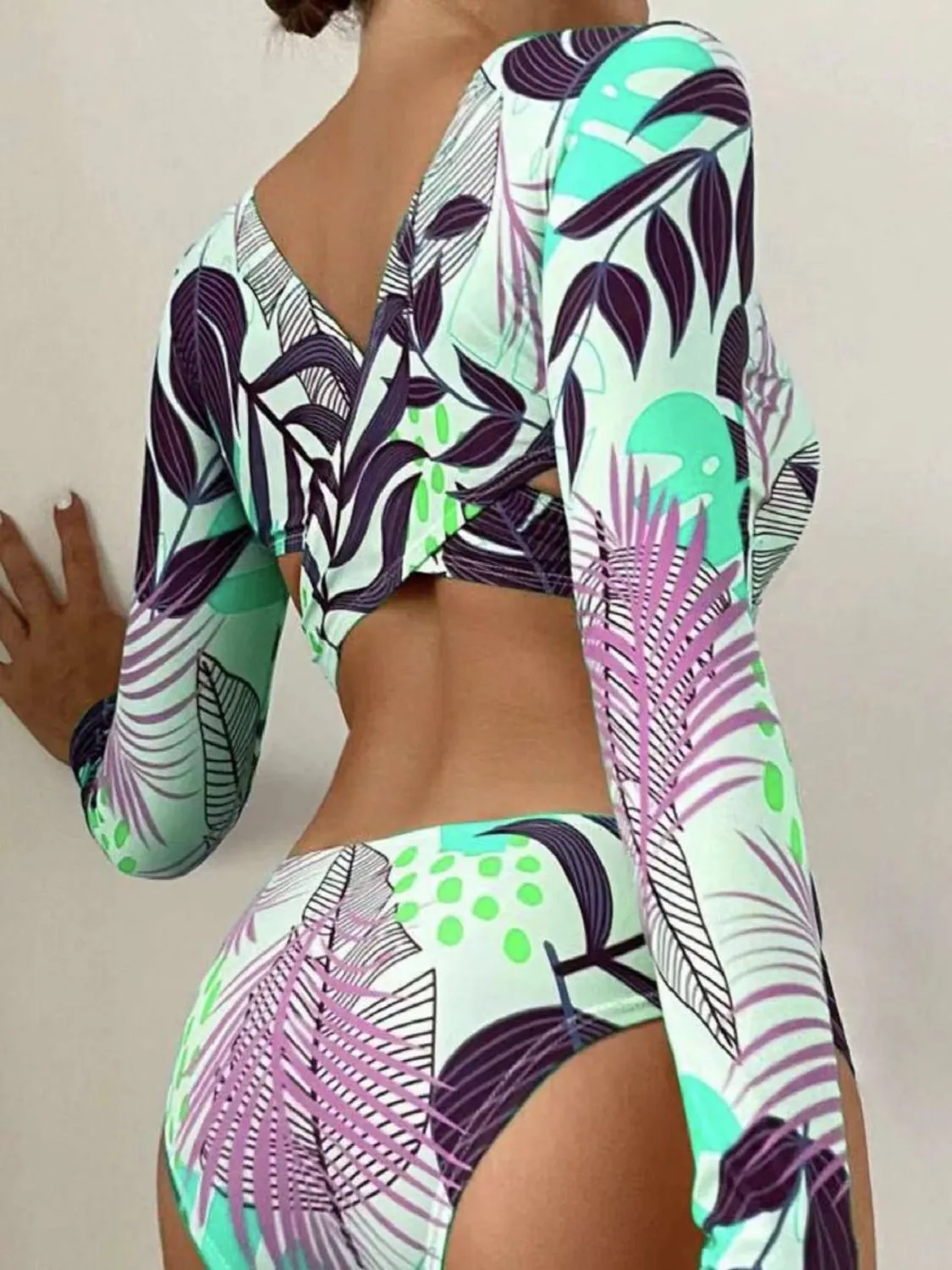 Sunset Vacation  Crisscross Round Neck Long Sleeve Swimwear