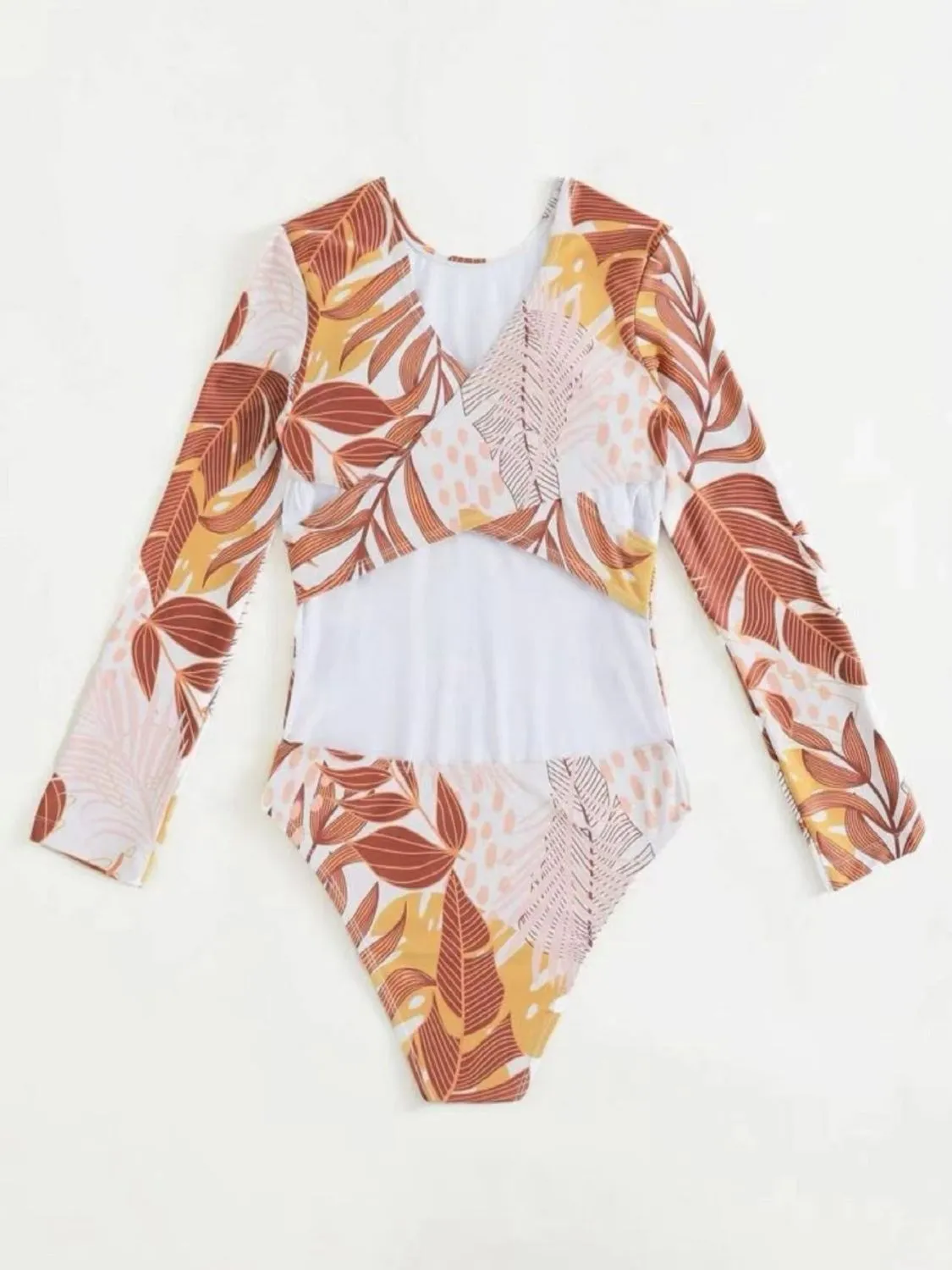 Sunset Vacation  Crisscross Round Neck Long Sleeve Swimwear