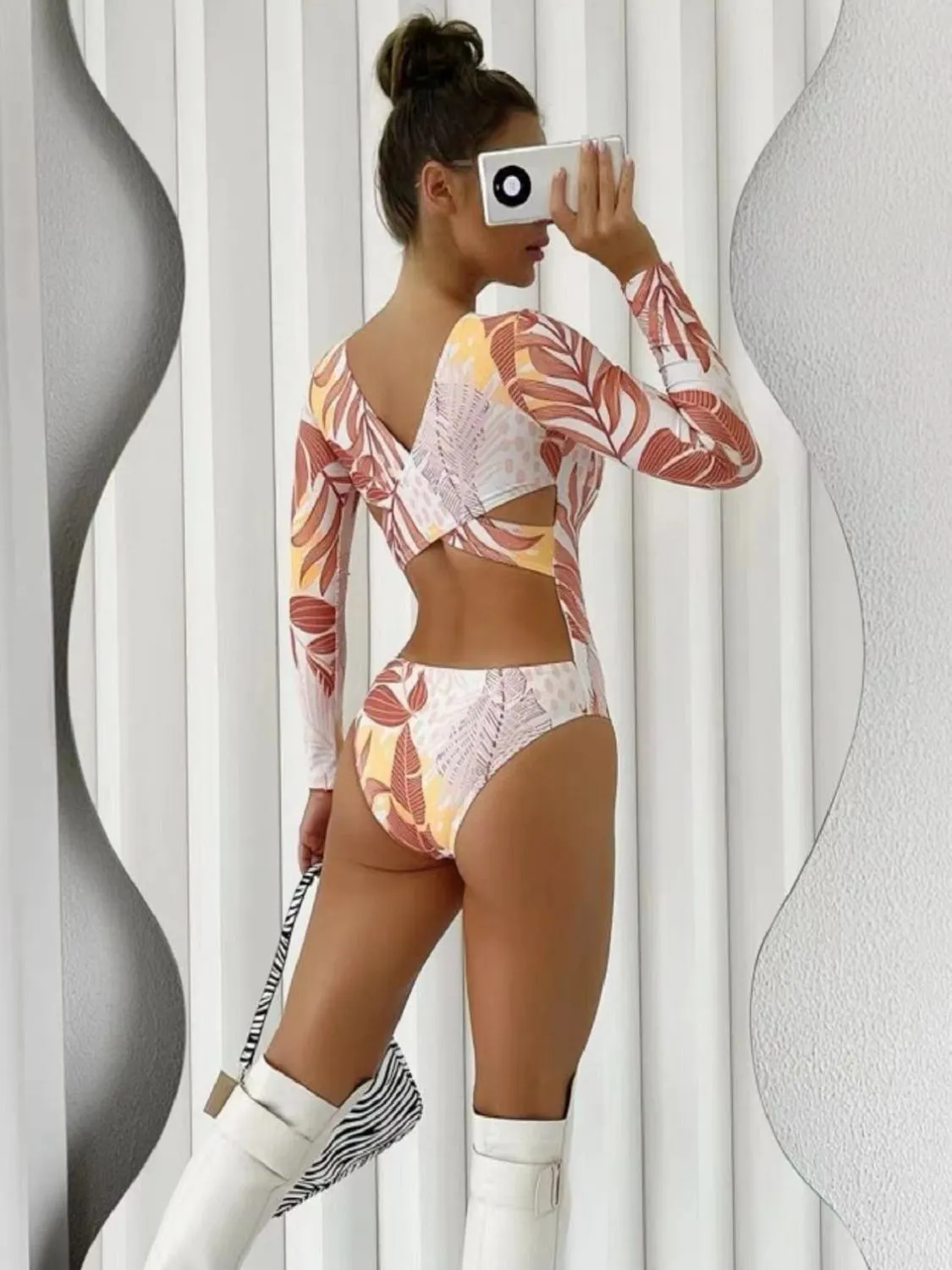 Sunset Vacation  Crisscross Round Neck Long Sleeve Swimwear