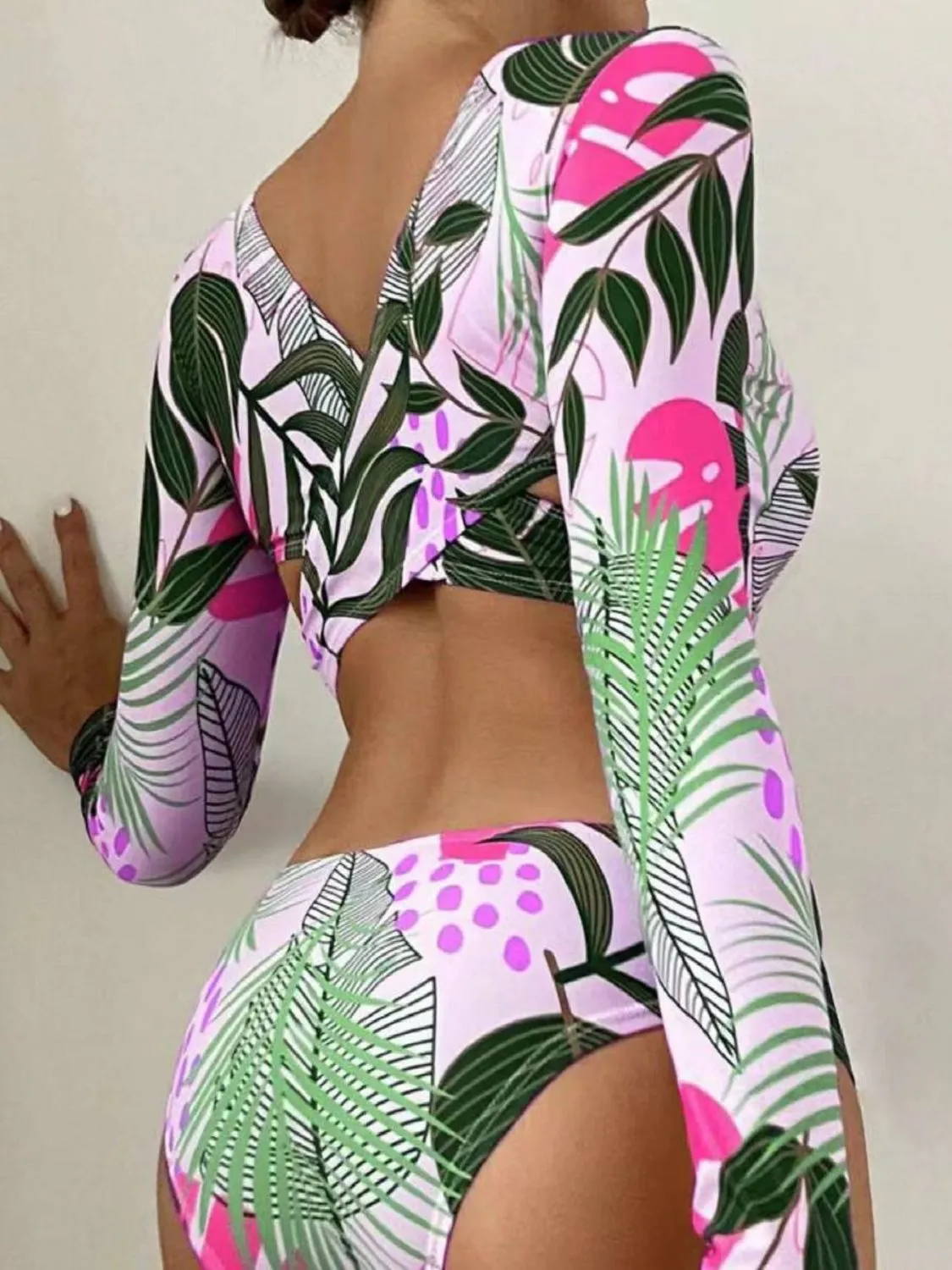 Sunset Vacation  Crisscross Round Neck Long Sleeve Swimwear