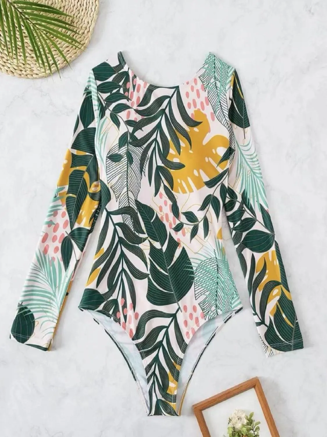 Sunset Vacation  Crisscross Round Neck Long Sleeve Swimwear