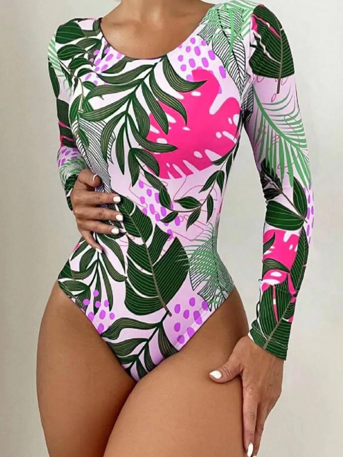 Sunset Vacation  Crisscross Round Neck Long Sleeve Swimwear