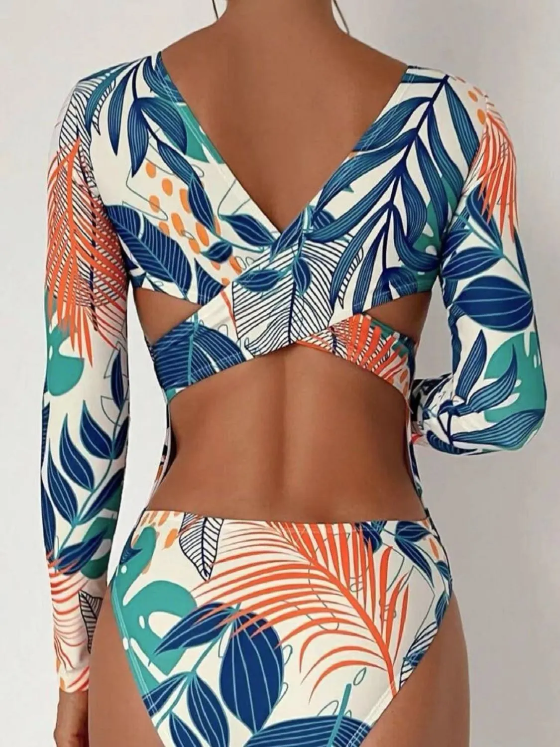 Sunset Vacation  Crisscross Round Neck Long Sleeve Swimwear