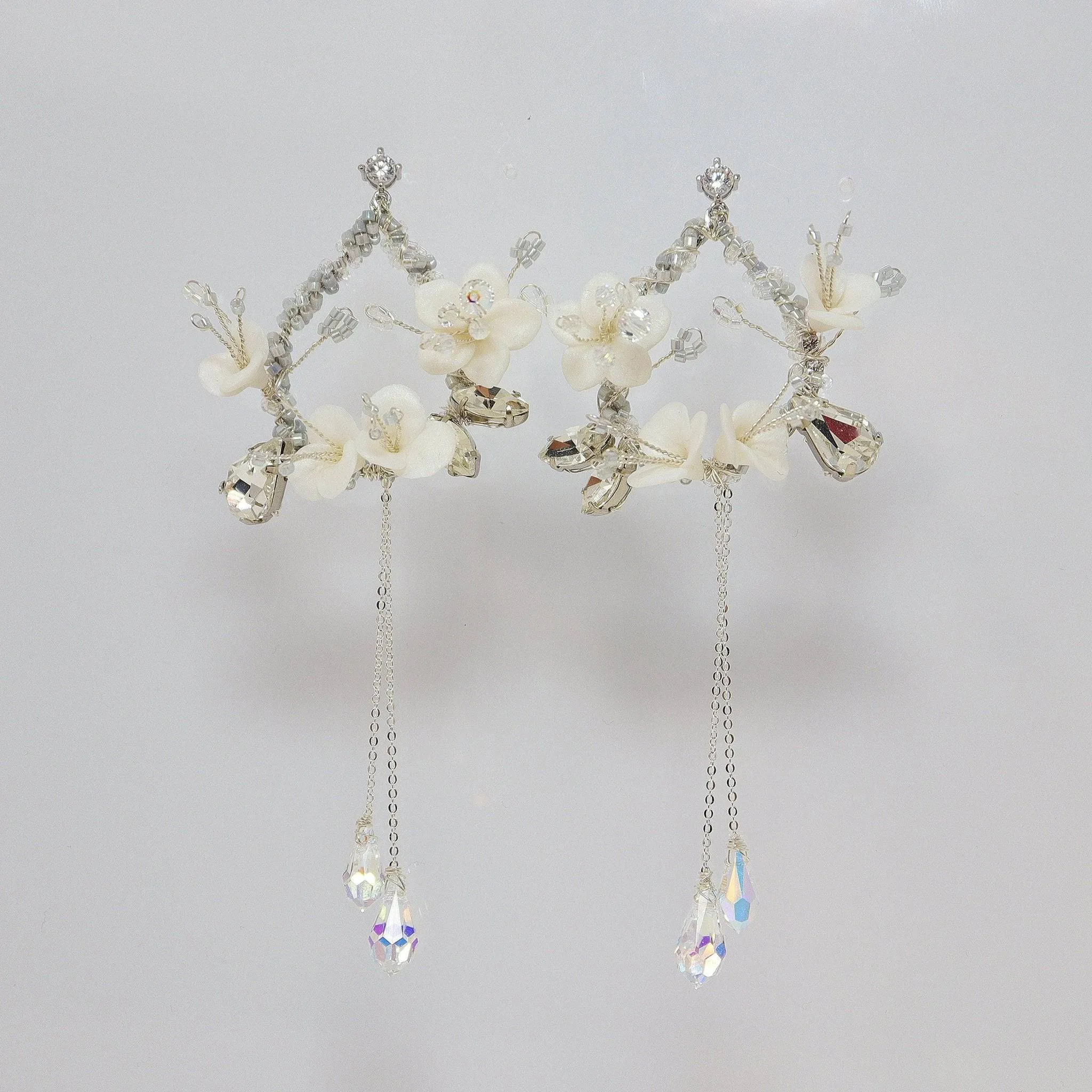 Swarovski Crystal White Floral Long Hoop Earrings, Long Bridal Jewelry, 925 Sterling Silver, Statement Earrings Cz