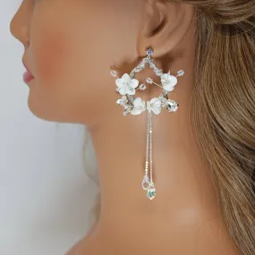 Swarovski Crystal White Floral Long Hoop Earrings, Long Bridal Jewelry, 925 Sterling Silver, Statement Earrings Cz