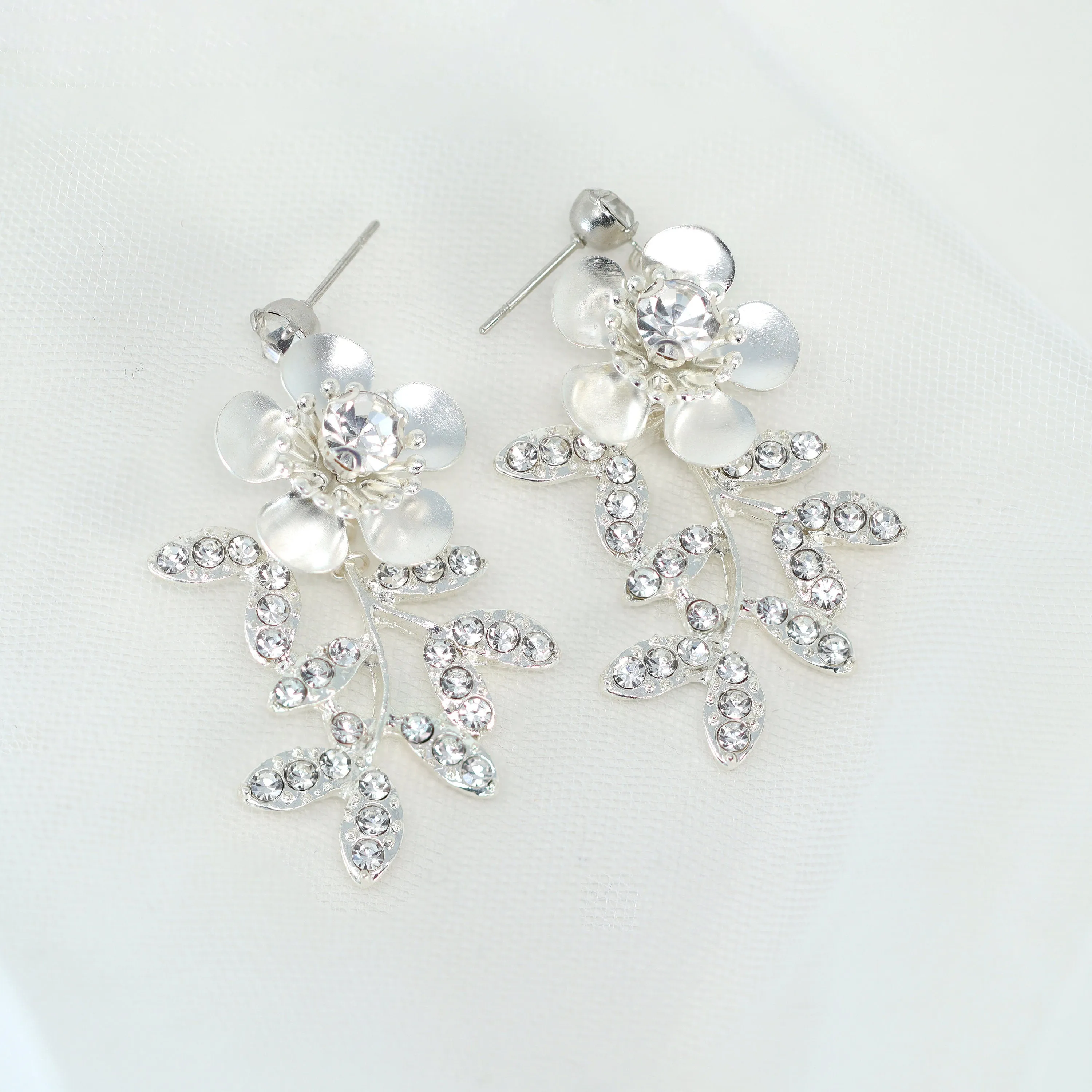 Swarovski Floral Petals Dream Crystal, Rhinestone Earrings, Long Bridal Jewelry Bridal Earrings Clip On Earrings, Statement Earrings.