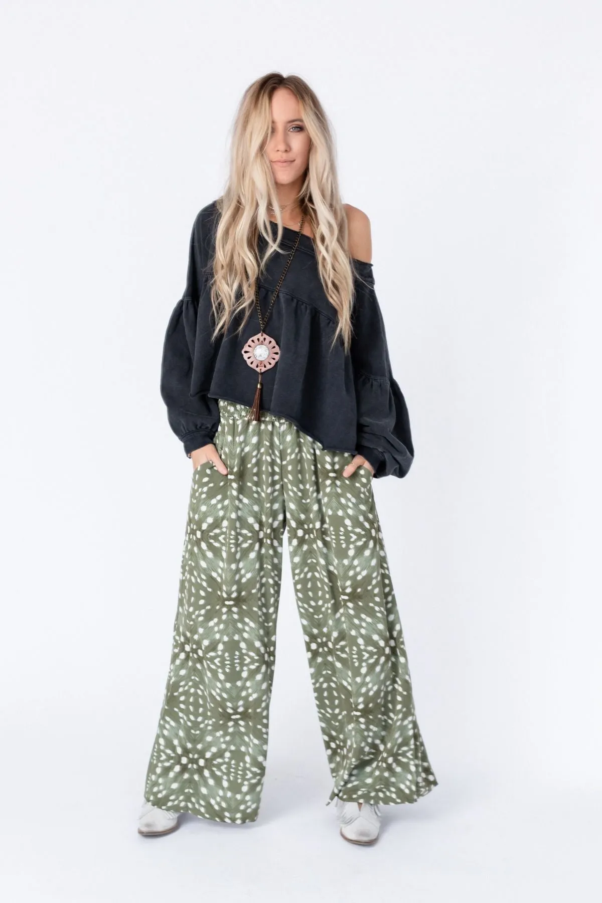 Sweet Surrender Wide Leg Printed Pants - Olive