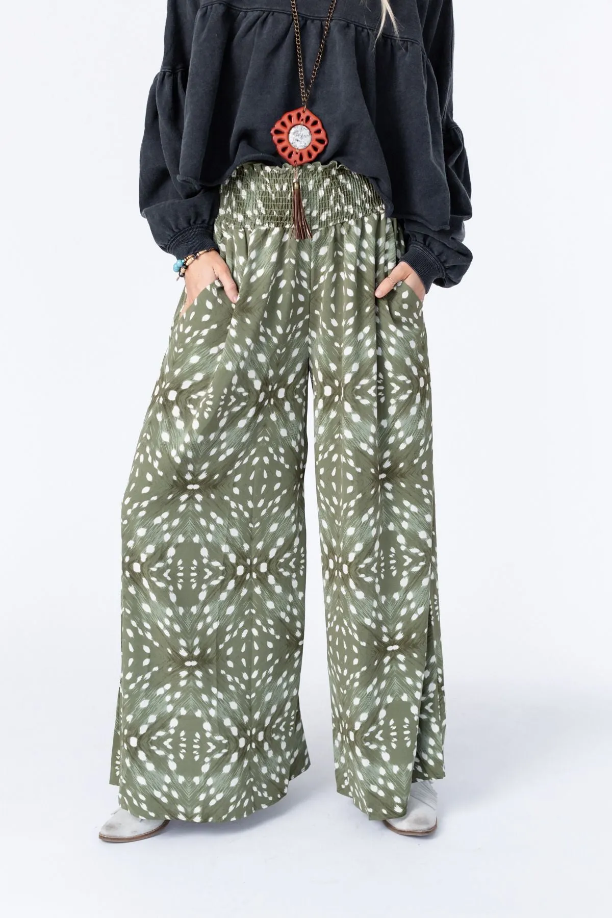 Sweet Surrender Wide Leg Printed Pants - Olive