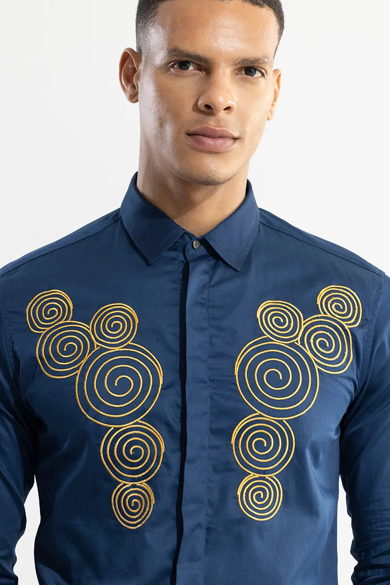 Swirlly Embroidered Aegean Blue Shirt