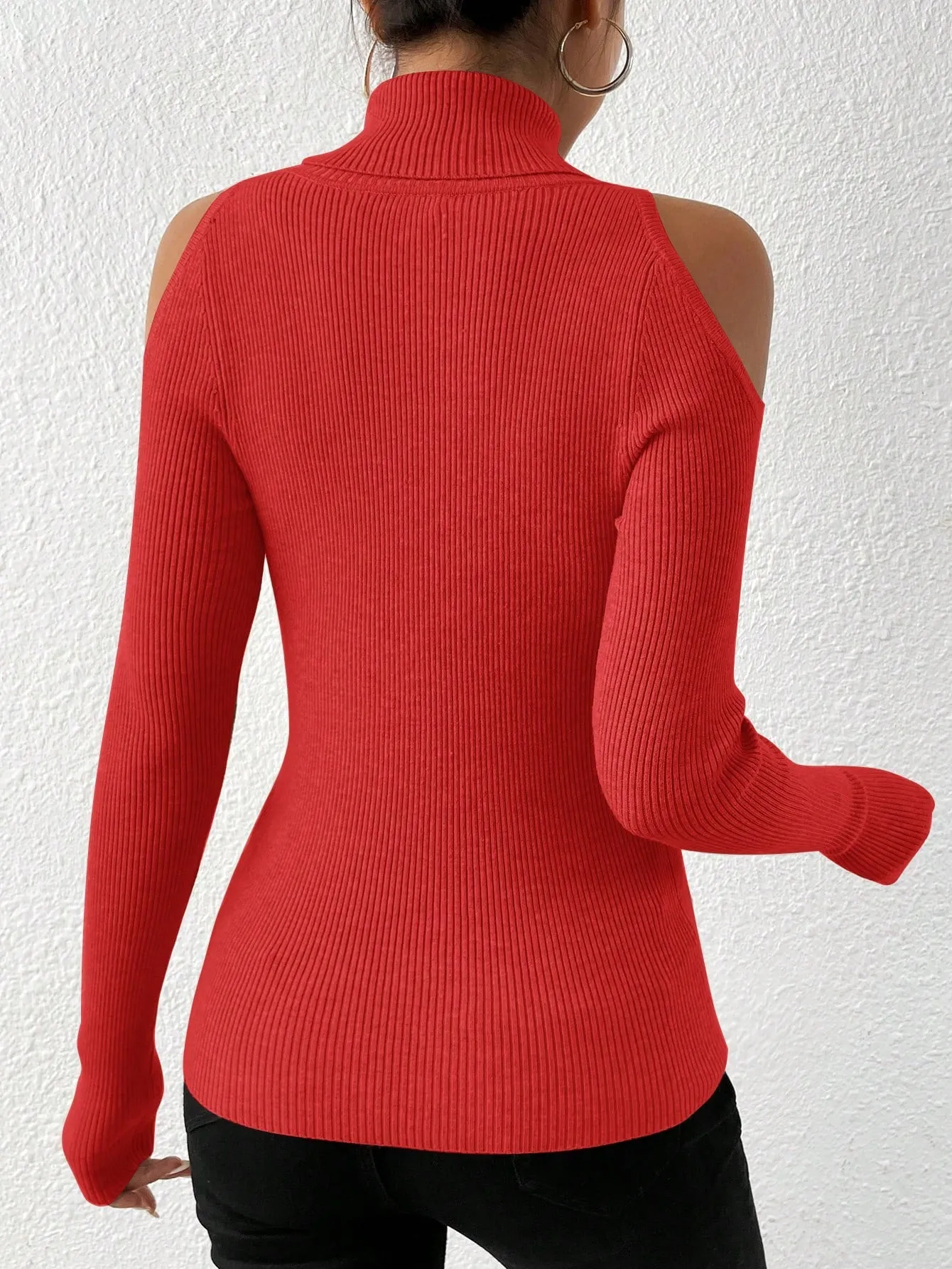 Turtleneck Cold Shoulder Ribbed Knit Sweater